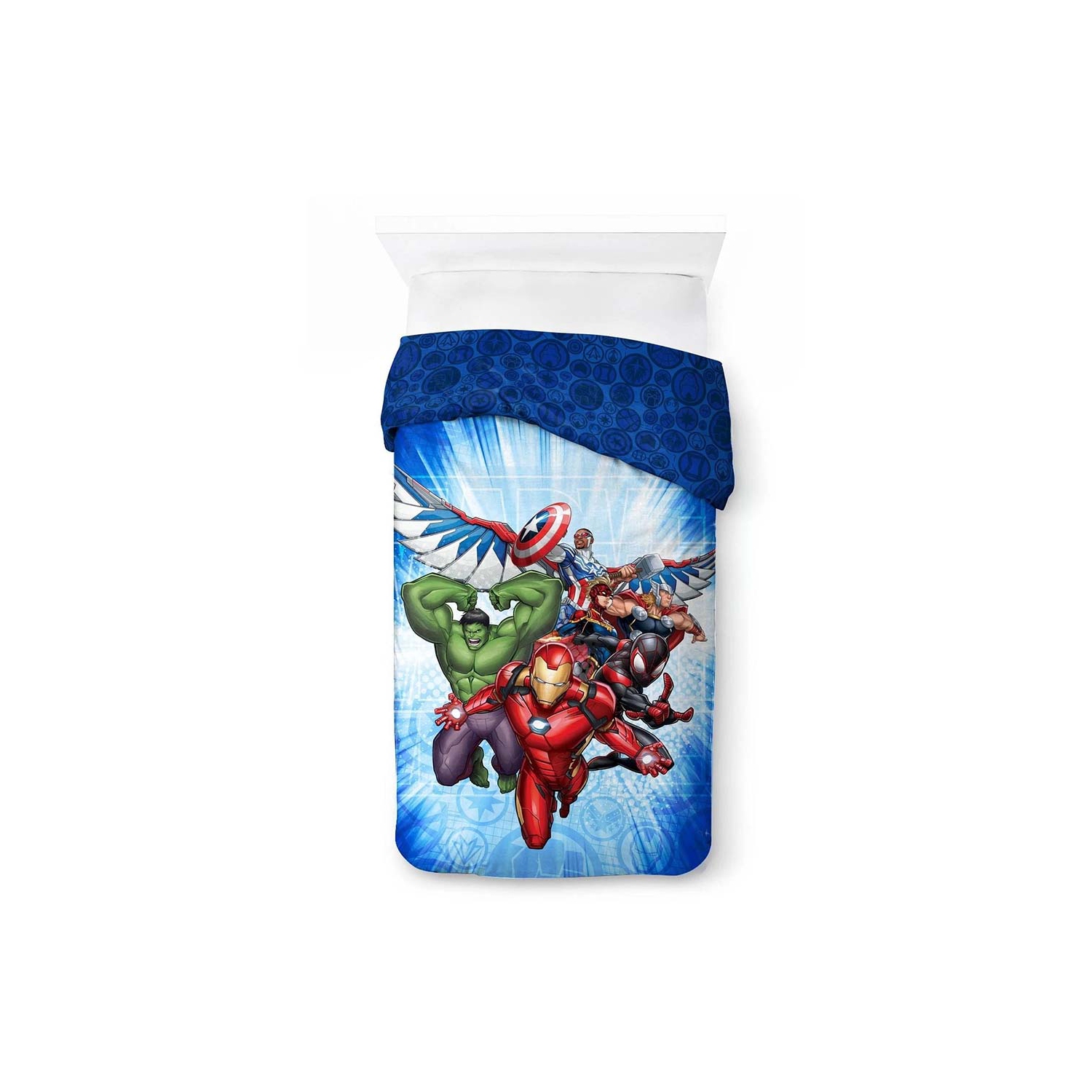 Ensemble de draps en sac pour lit simple de 4 pièces Avengers pour enfants : couvre-lit, drap plat, drap-housse et taie d'oreiller