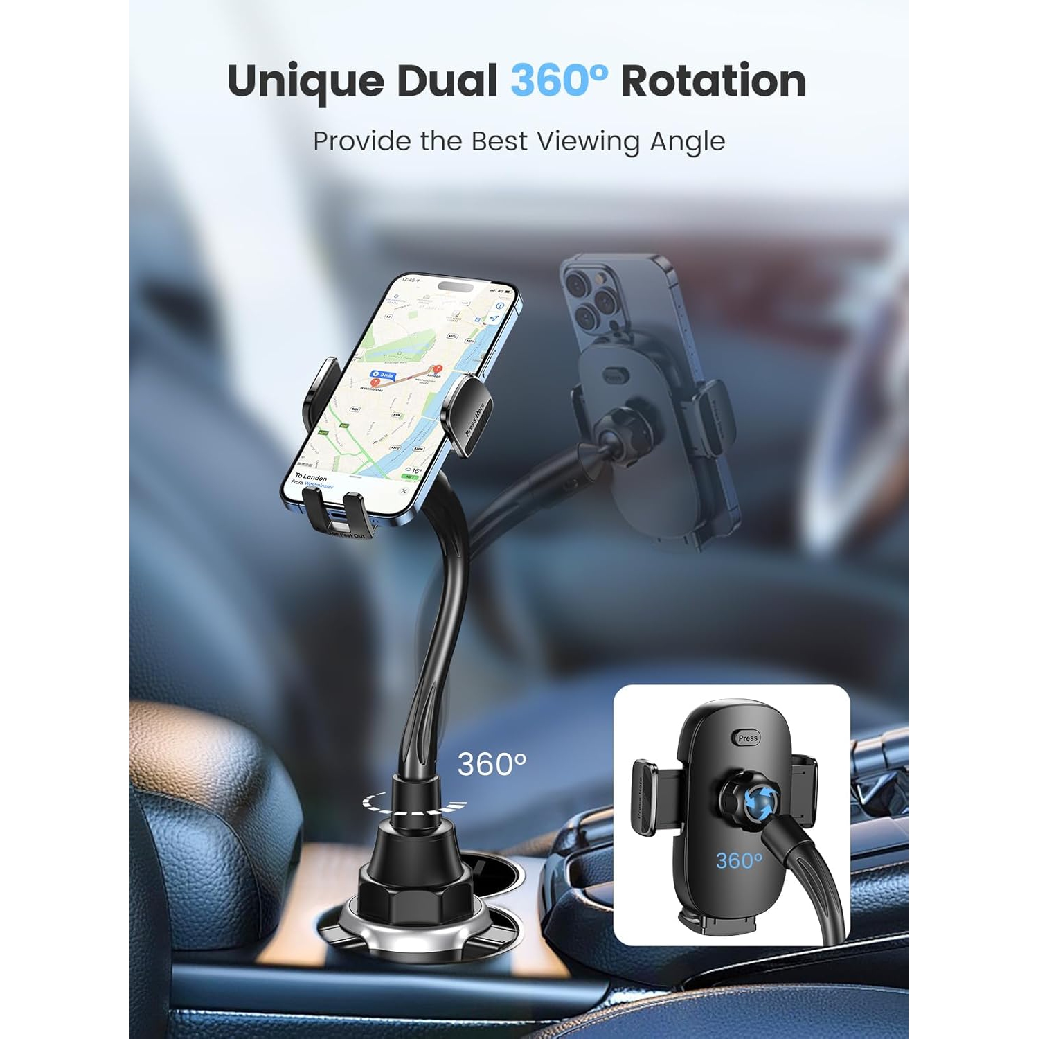 Z Car Phone Holder, Dual 360° Rotate Gooseneck Cup Holder Phone Mount for Car, Flexible Cell Phone Holder Car Compatible with iPhone 16 Pro