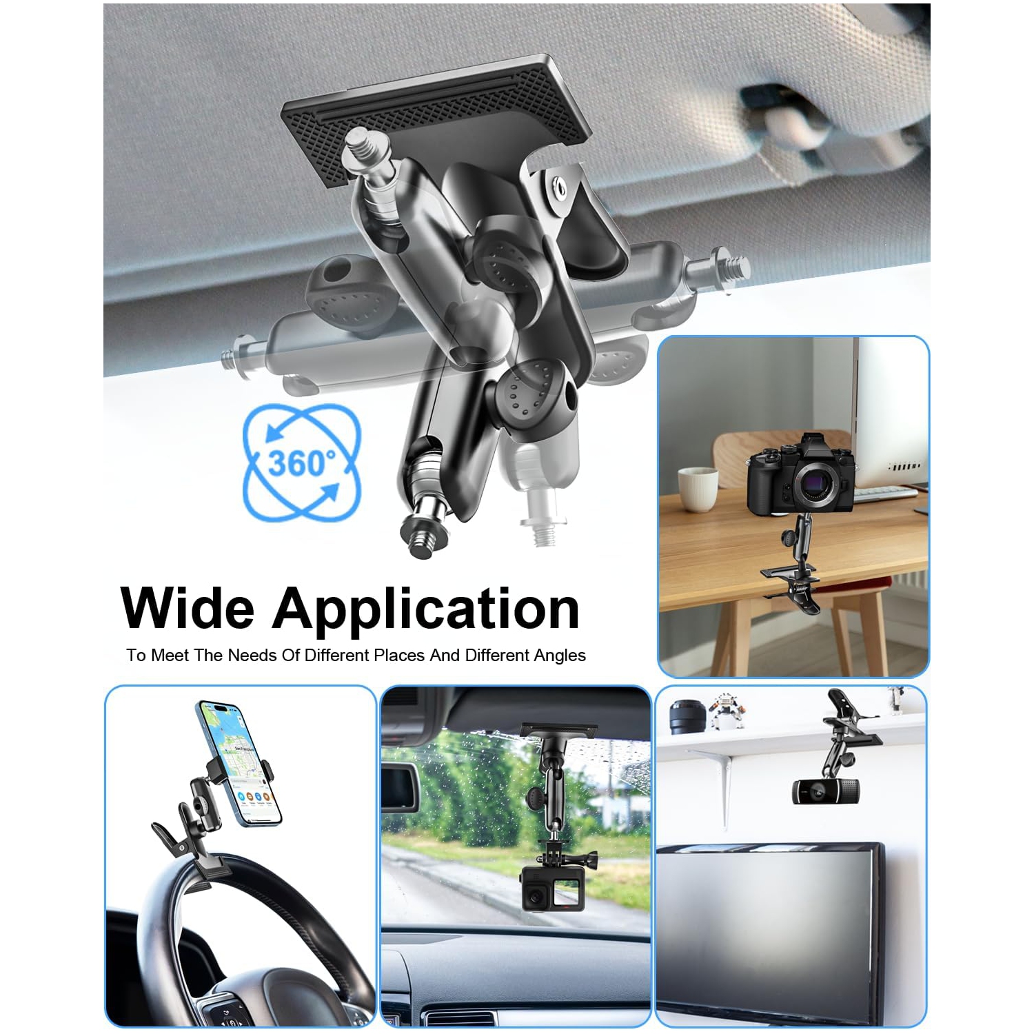 w Car Sun Visor Phone Holder - [Metal Magic Arm] Cell Phone Holder for Car Mount with 1/4'' Screw Camera Clamp, for iPhone 15 14 13 12 Pro Max,