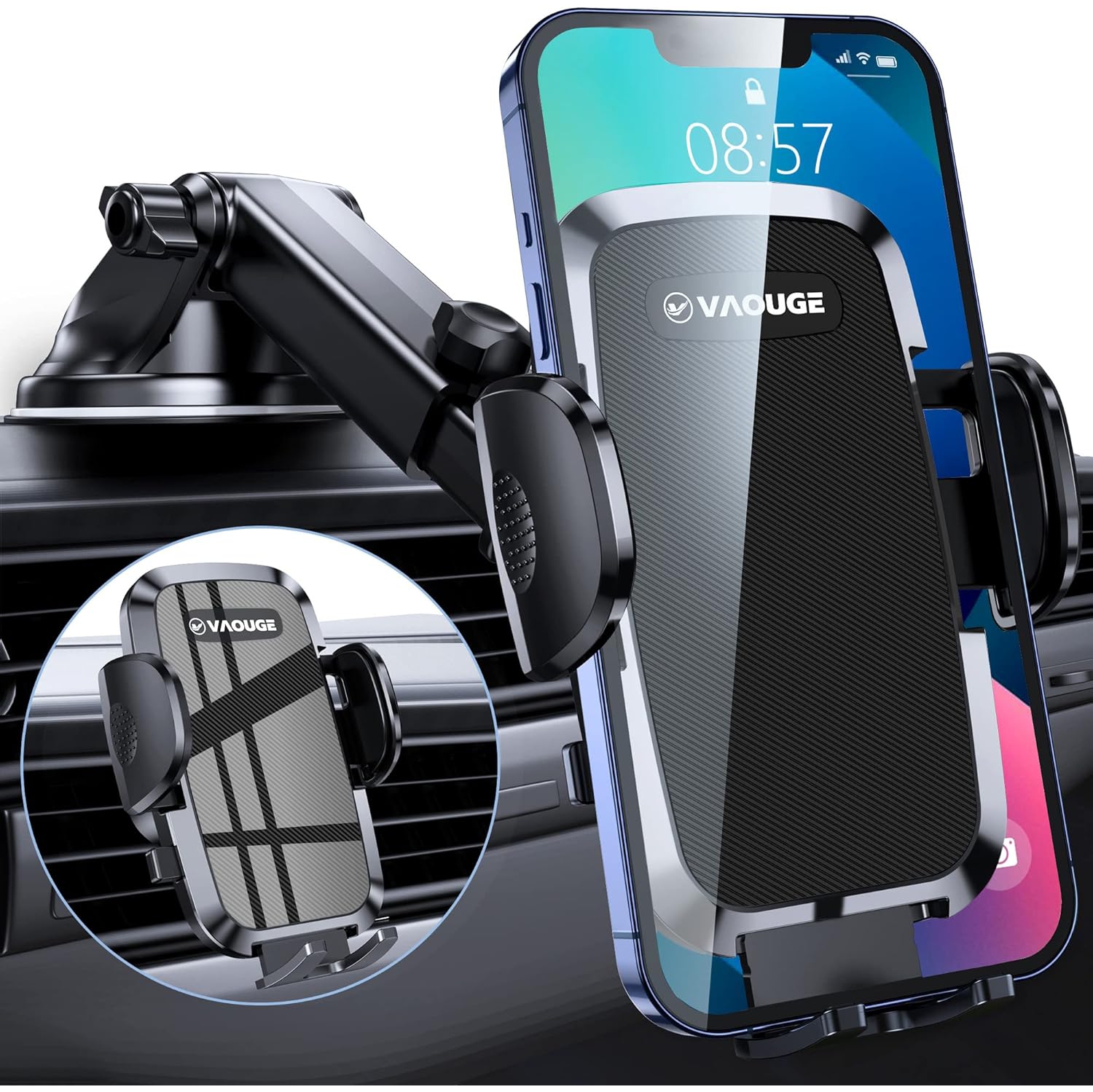 Support de téléphone pour voiture, support de téléphone amélioré 3 en 1 pour votre voiture, montage sur pare-brise, tableau de bord et ventilation, support de téléphone mains libres pour tous les iPhone et téléphones Android