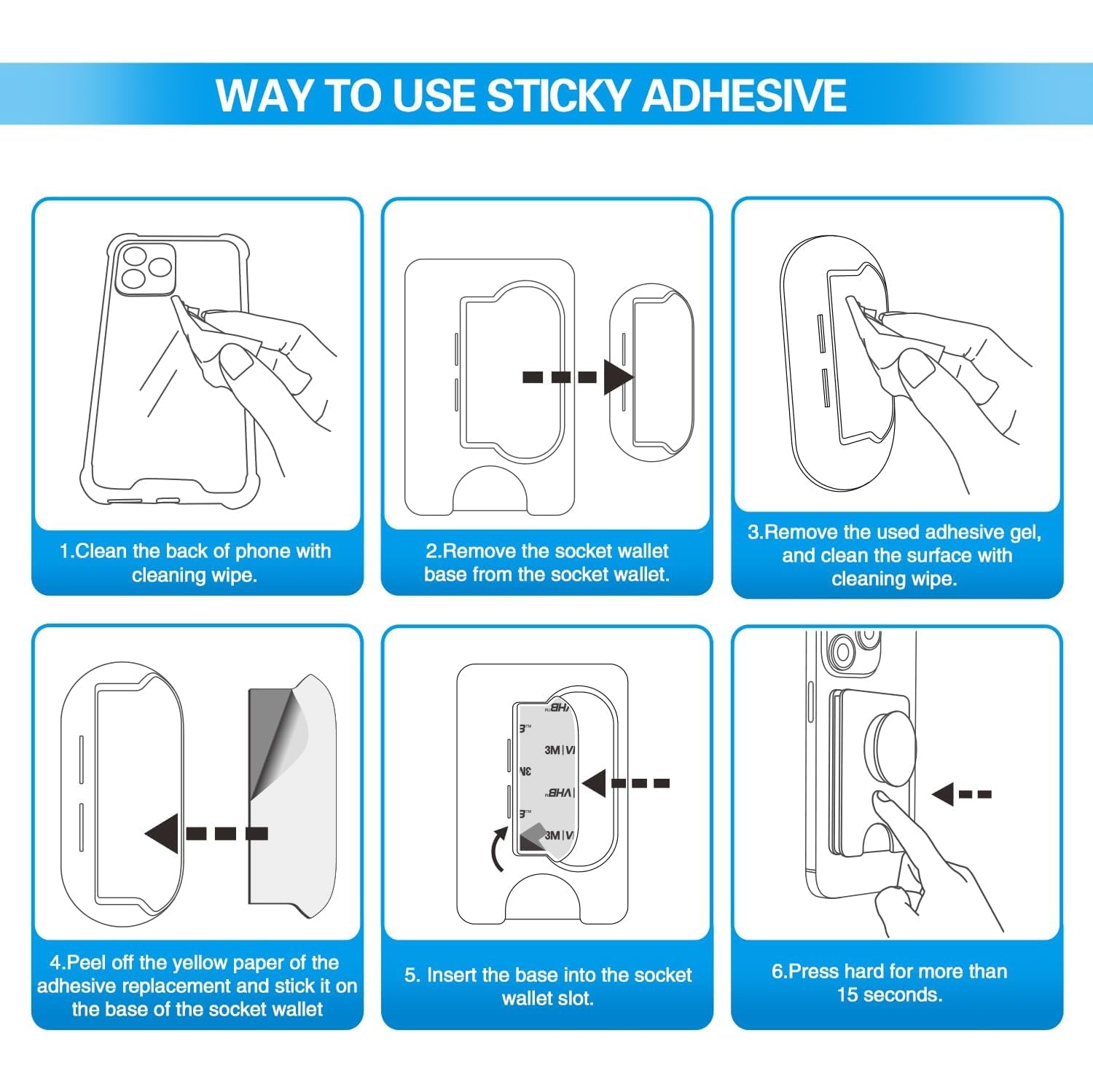 Sticky Adhesive Replacement for Socket Wallet+ Base, p 6pcs 3M VHB Strong Sticker Pads for Cell Phone Wallet Plus Case Back Stand, Double Sided Tape