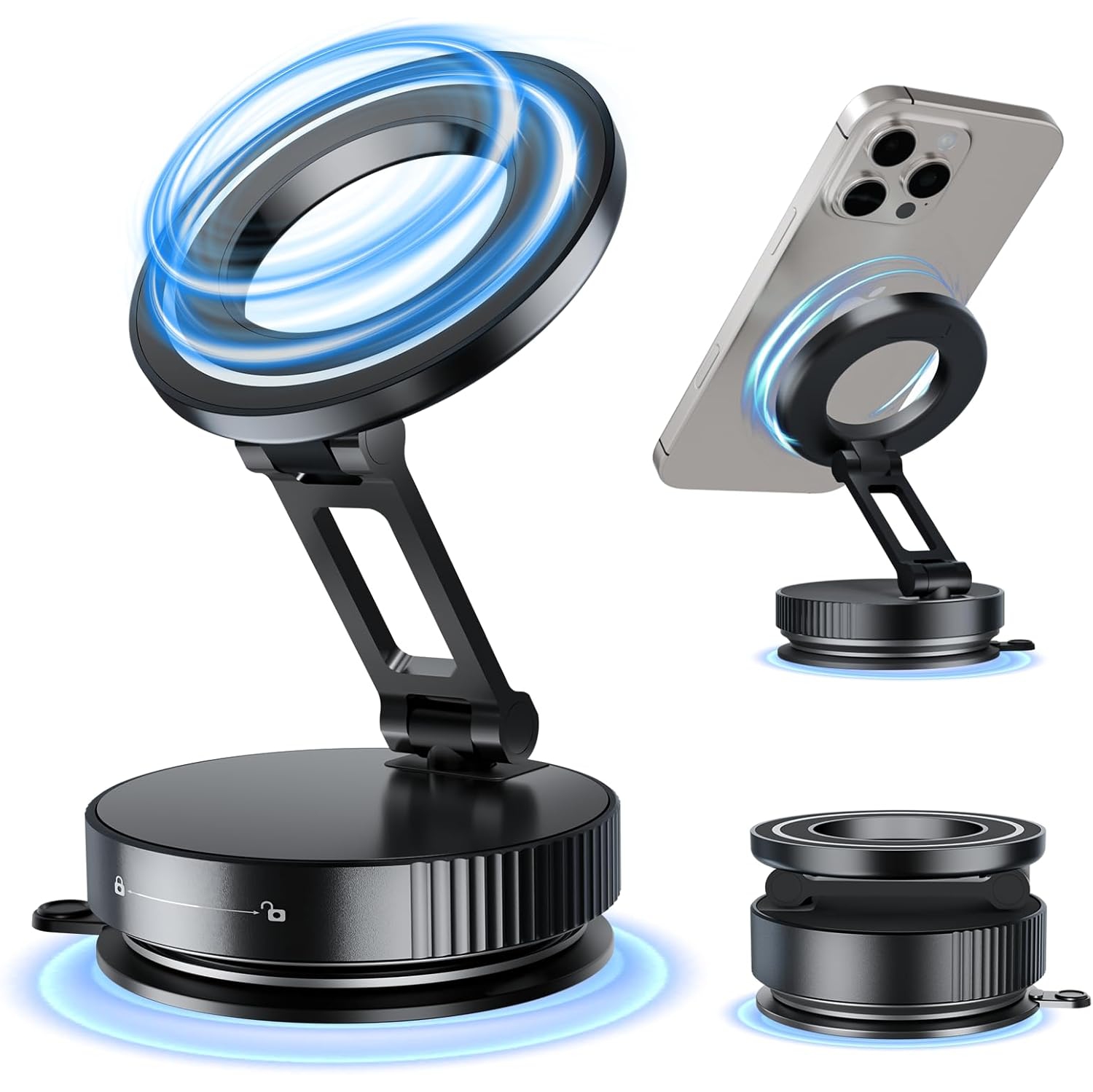 A Vacuum Magnetic Phone Stand, for magsafe car Mount Suction, Multifunctional, for Kitchen Bathroom Gym, 360°Adjustable, Foldable, Easy to Carry,