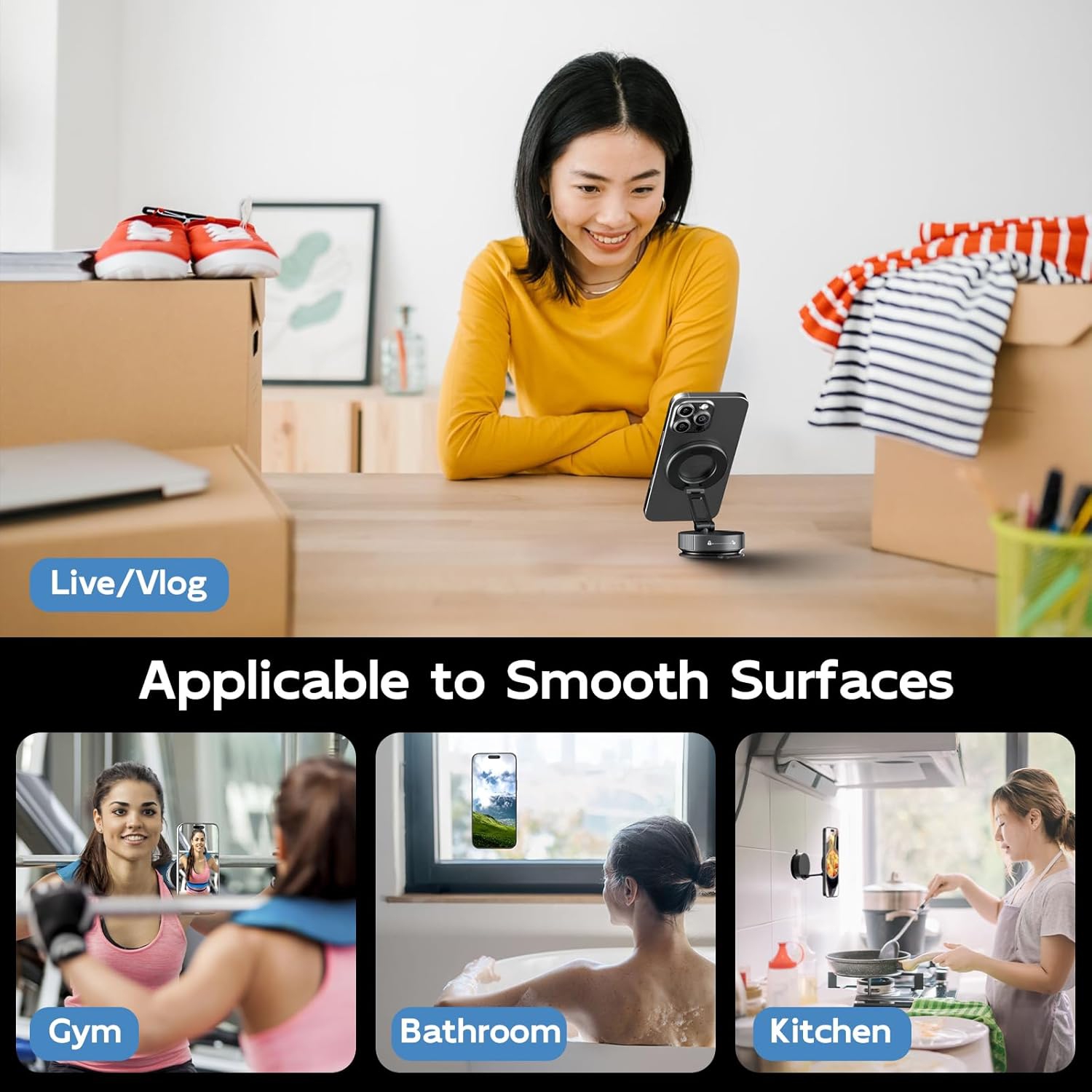 A Vacuum Magnetic Phone Stand, for magsafe car Mount Suction, Multifunctional, for Kitchen Bathroom Gym, 360°Adjustable, Foldable, Easy to Carry,