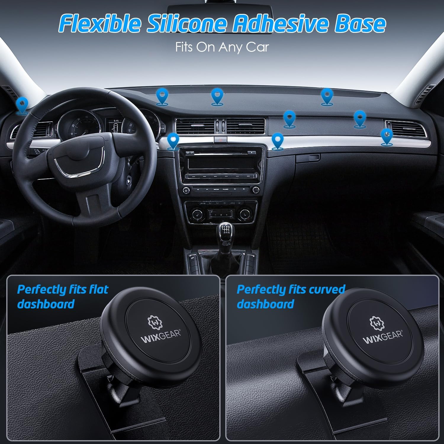 Magnetic Car Mount, W Universal Stick On Mount Dashboard Magnetic Phone Holder for Car, for Cell Phones and Mini Tablets with Fast Swift-snap