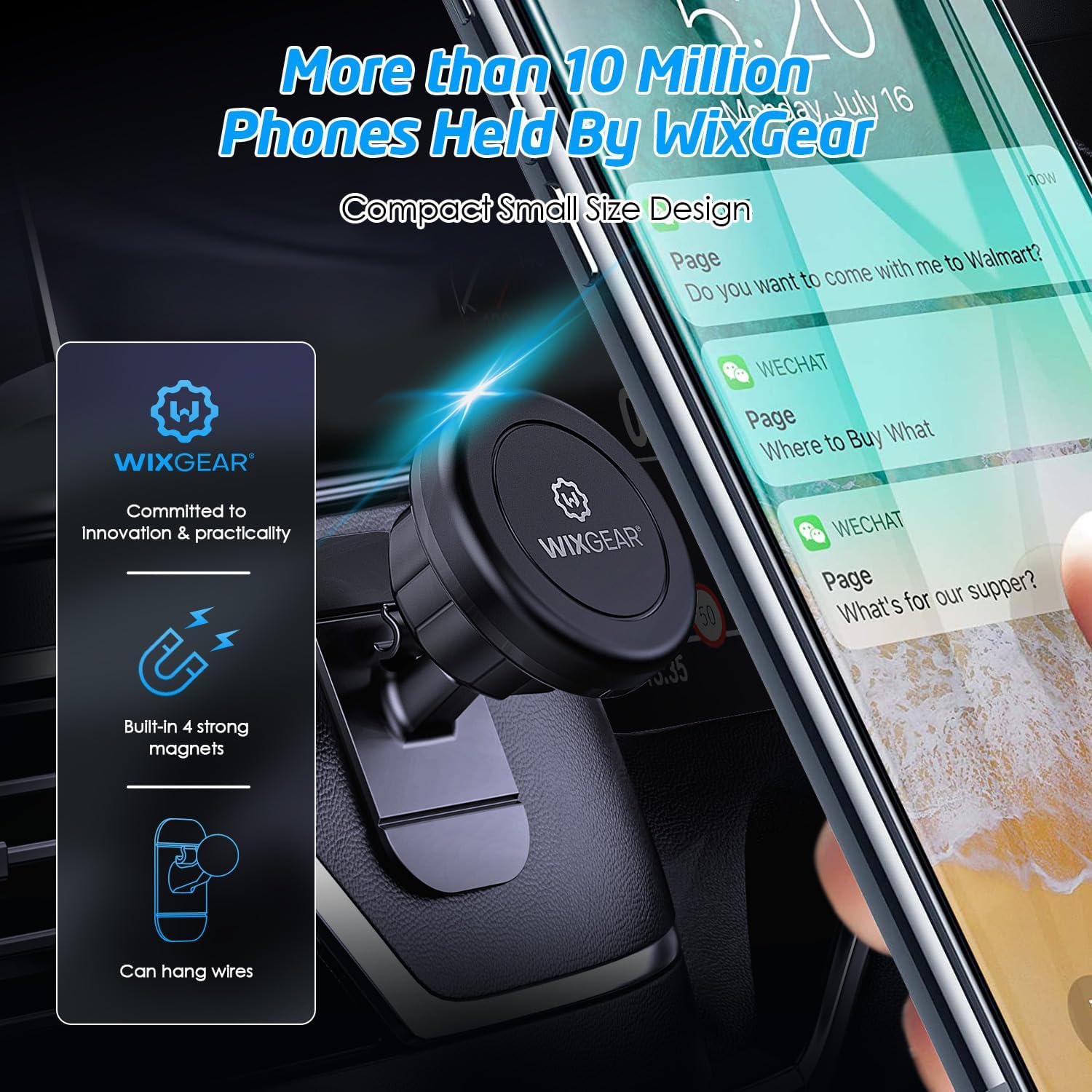 Magnetic Car Mount, W Universal Stick On Mount Dashboard Magnetic Phone Holder for Car, for Cell Phones and Mini Tablets with Fast Swift-snap