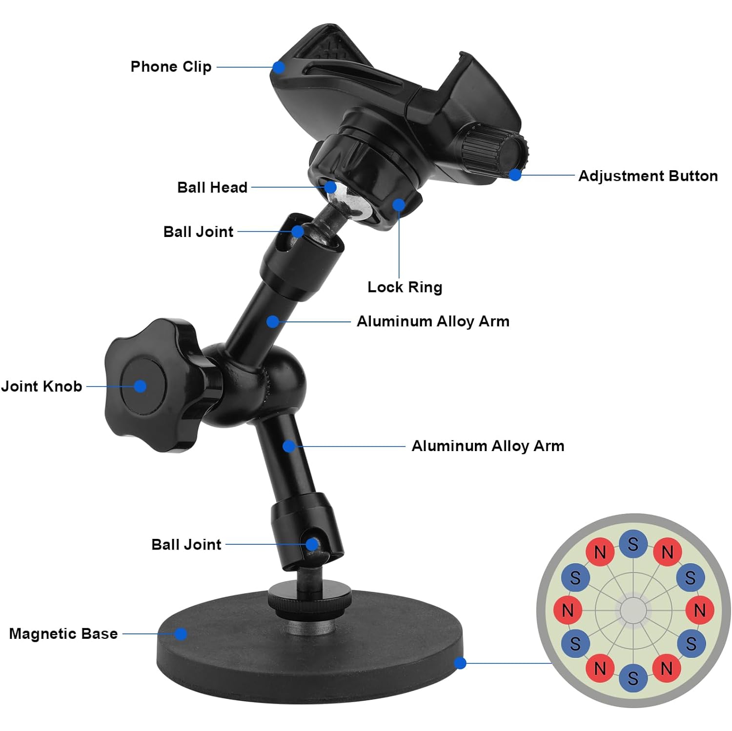 M Magnetic Phone Holder,Heavy Duty Phone Mount for Truck/Tractor/Forklift/Boat/Motor Vehicles,Fit 3.5~7.5 iPhone/Nexus/Smartphone,360°Adjustable Arm