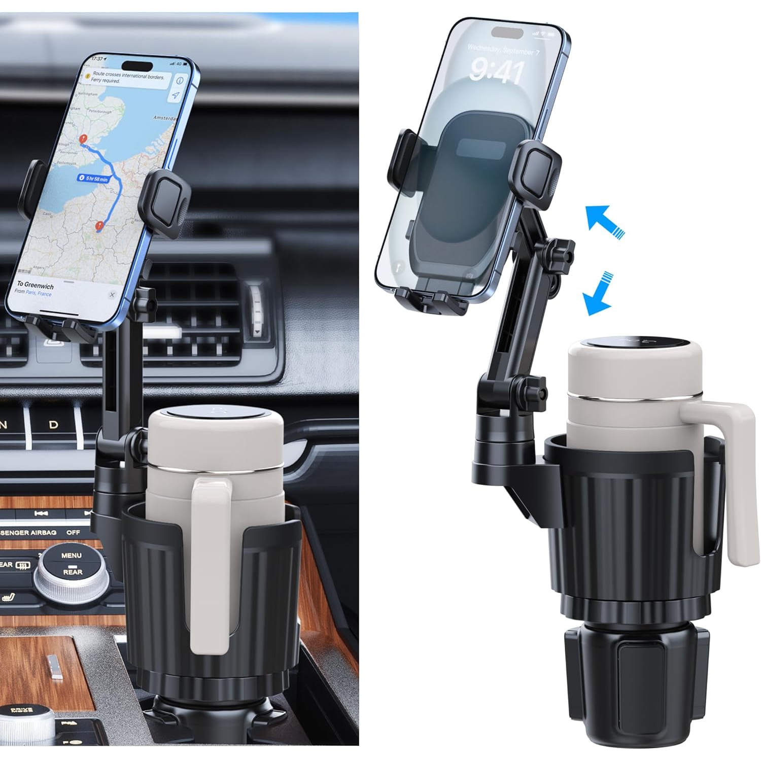 Support de téléphone pour porte-gobelet, support universel 2 en 1 avec bras long et rotation 360° pour téléphone dans la voiture, compatible avec tous les smartphones iPhone Galaxy de 4 à 7 po et la plupart des bouteilles de camion