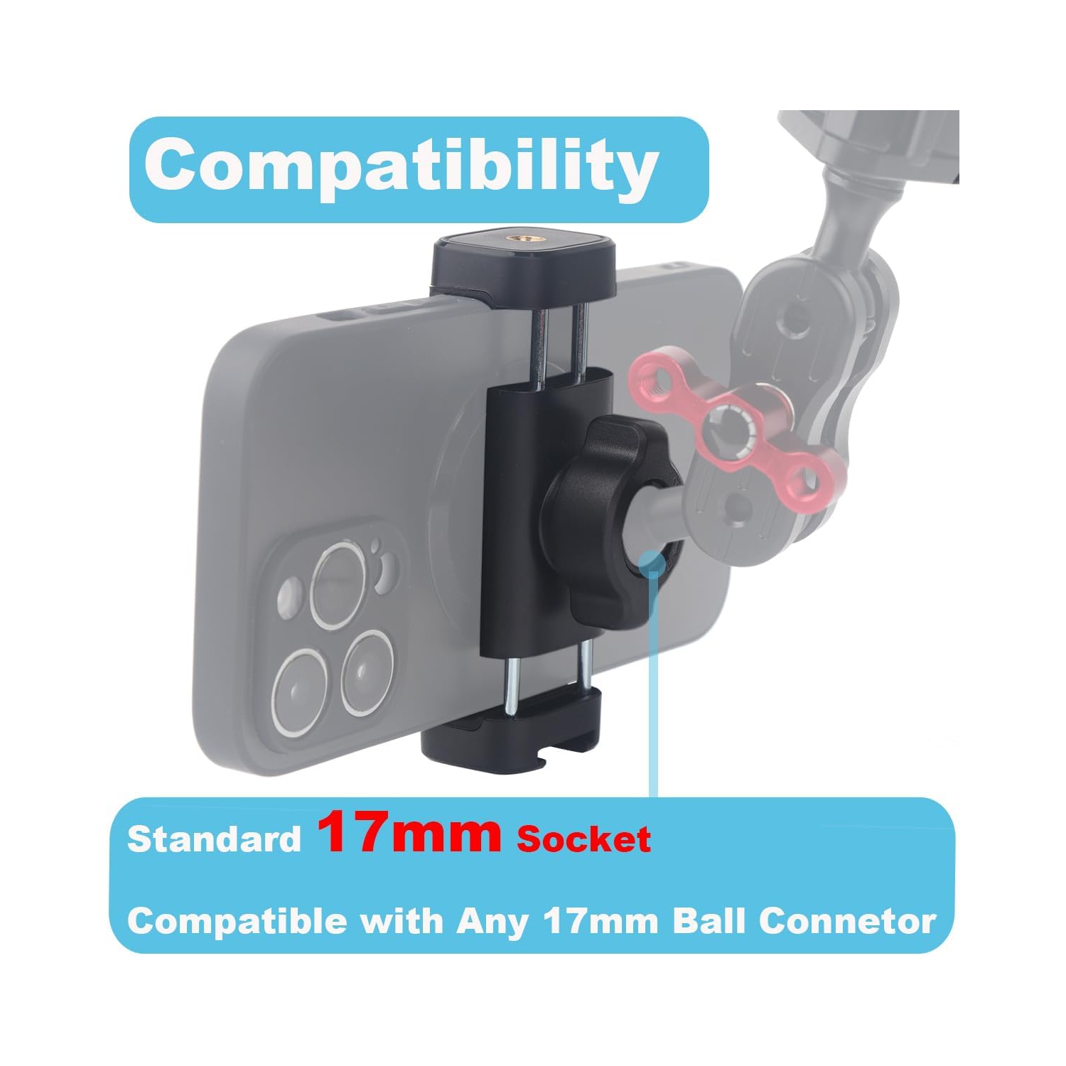 R Ball Mount Phone Holder, 17mm Ball Joint Cell Phone Holder Replacement for Car Phone Mount Ring Light Goose Neck Phone Bracket