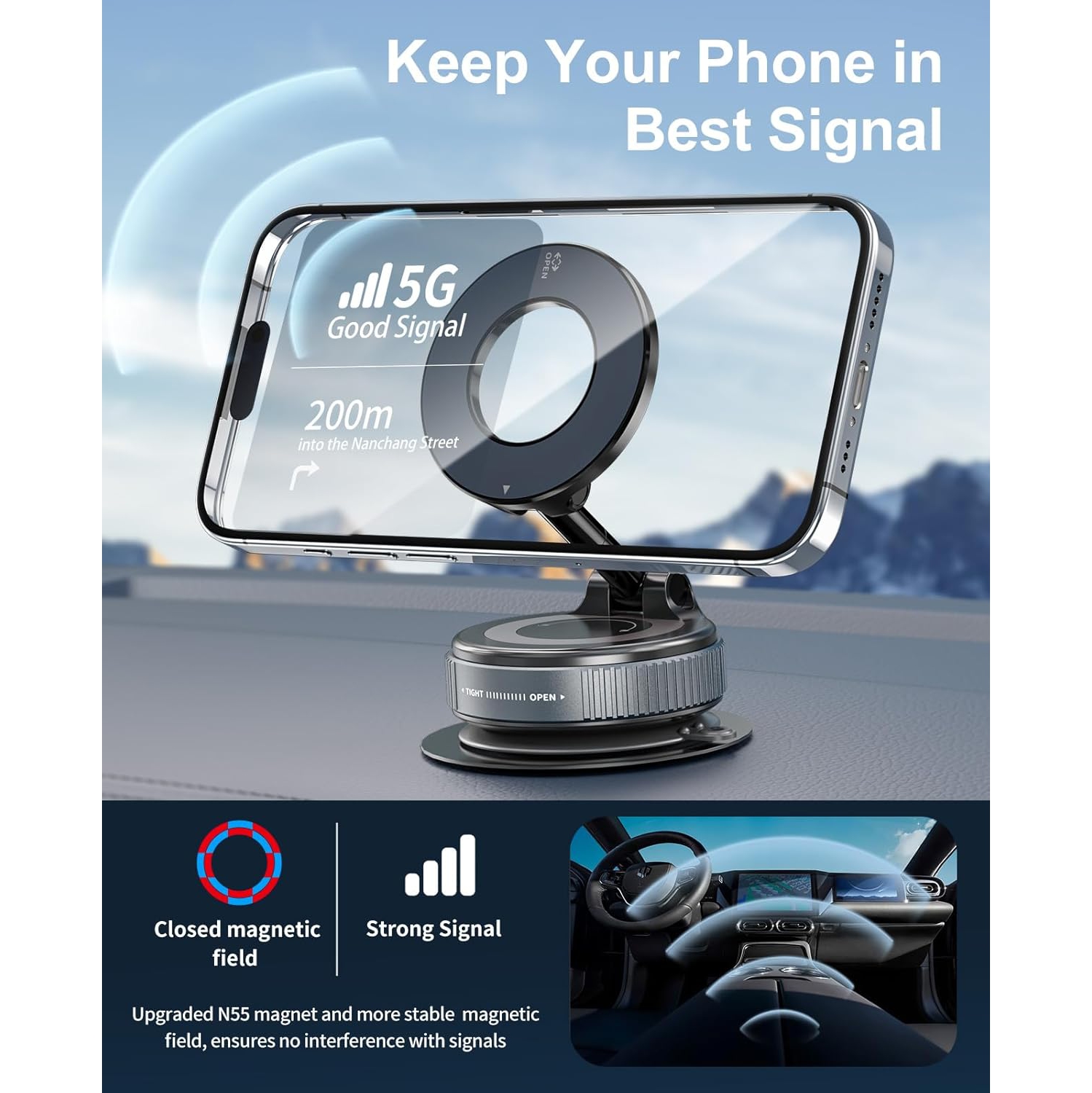 Vacuum Magnetic Car Phone Holder for MagSafe, 360°Magnetic Phone Holder for Car Hands-Free Suction Cup Car Phone Holder Mount for