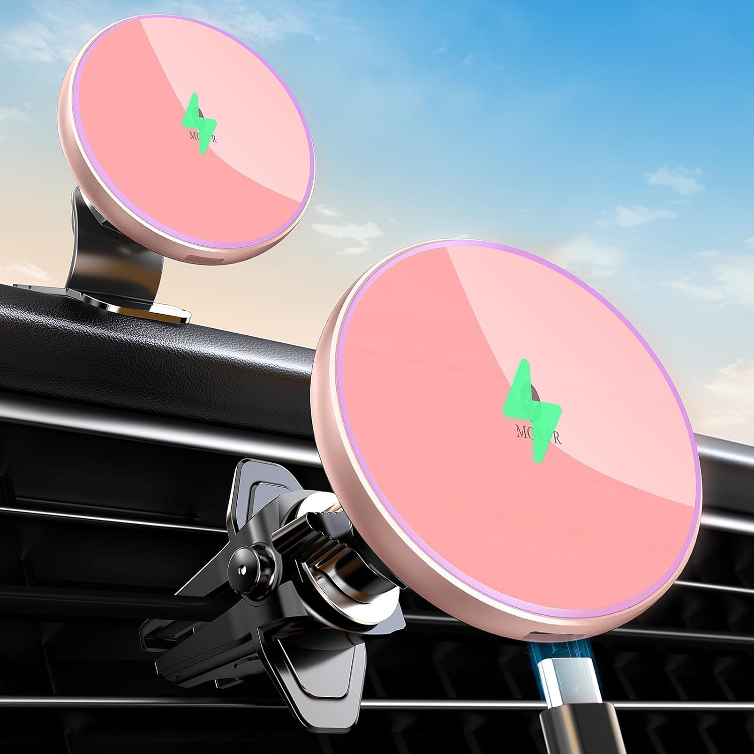 M for Magsafe Car Mount Charger-Magnetic Car Phone Holder Wireless Car Charger for Dash Air Vent-LED RGB HandsFree Car Mount Fast Car Charger for