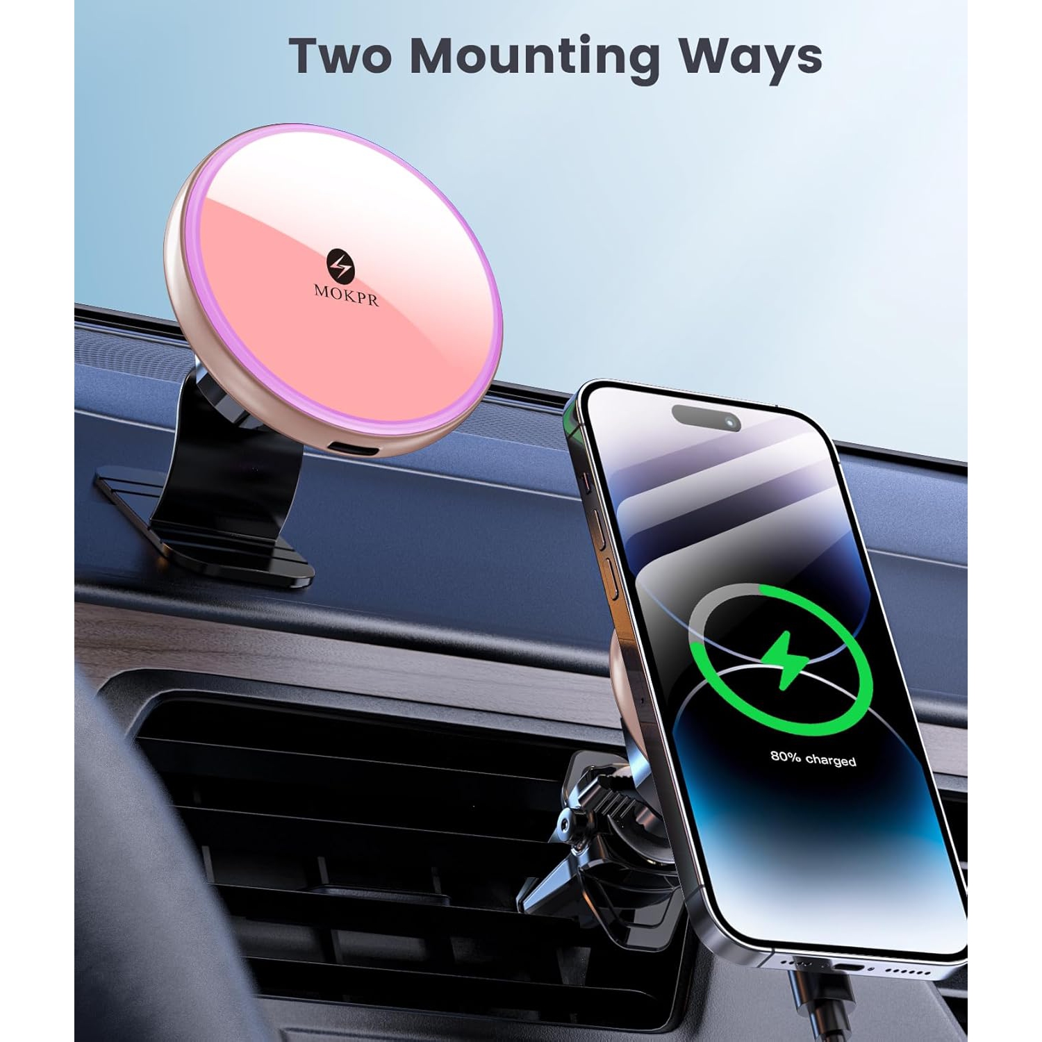 M for Magsafe Car Mount Charger-Magnetic Car Phone Holder Wireless Car Charger for Dash Air Vent-LED RGB HandsFree Car Mount Fast Car Charger for