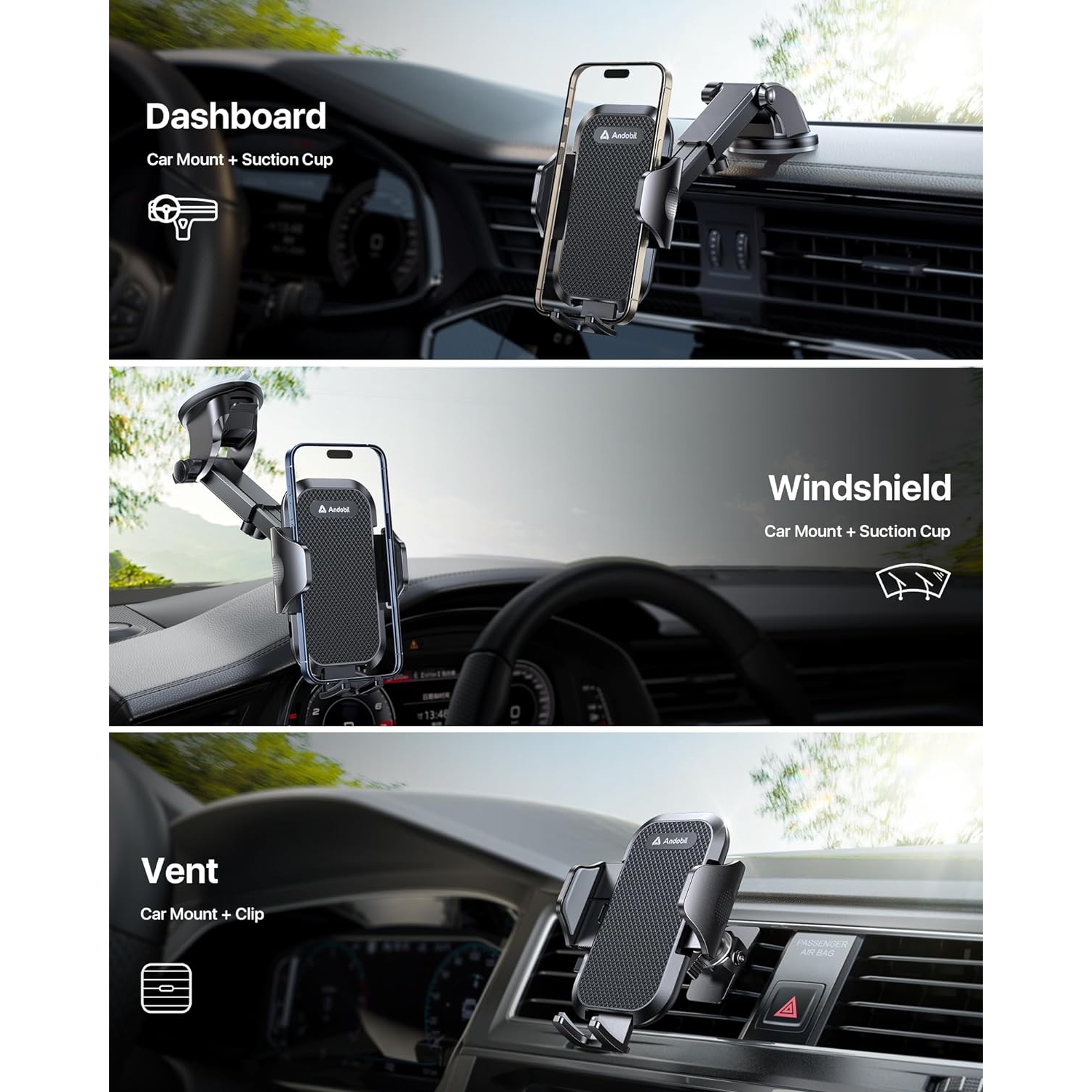 a Phone Holder Car [Big Phones Friendly] 3-in-1 Universal Car Phone Holder Mount for Dashboard Windshield Vent Fit for iPhone 16 Pro Max 15 14 13 12,