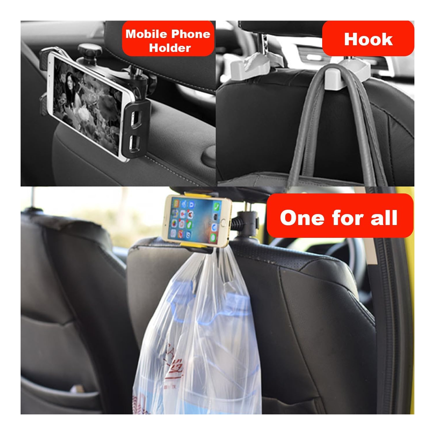 Car Headrest Phone Mount Holder, 360° Swivel, Universal Back Seat Mobile Device Stand, Adjustable