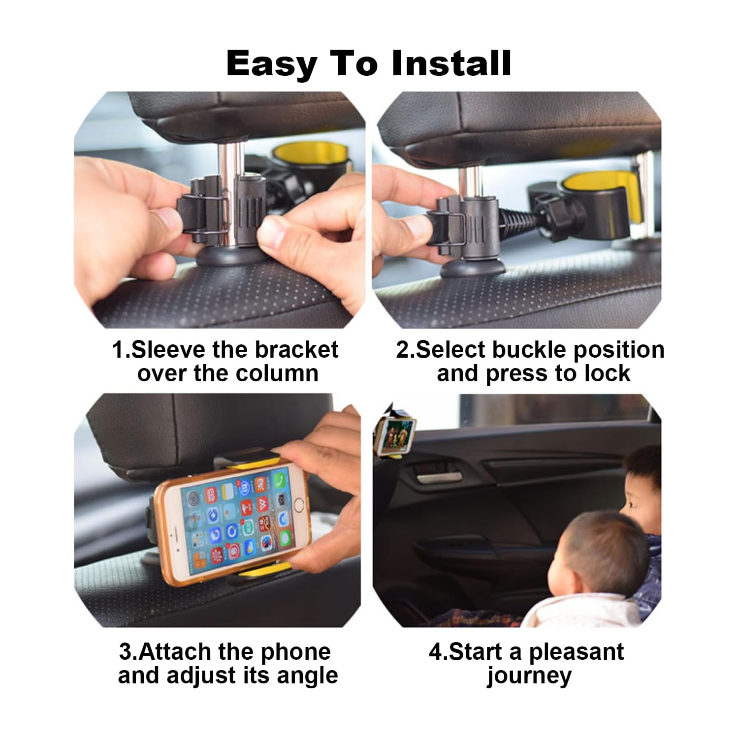 Car Headrest Phone Mount Holder, 360° Swivel, Universal Back Seat Mobile Device Stand, Adjustable