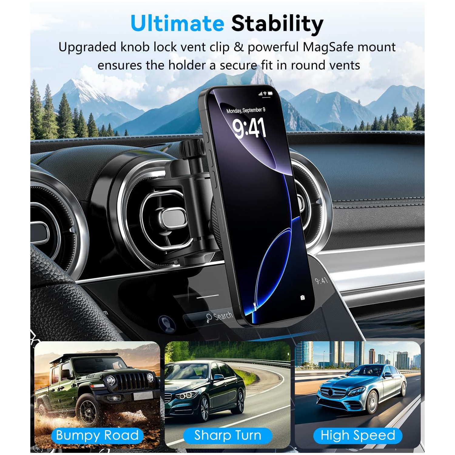 A Compatible with Magsafe Car Mount for Mercedes Benz A/B/C/E/G/GLA/GLK/Mini Cooper Round Air Vent, Strong Magnetic Phone Holder for iPhone 16 15 14