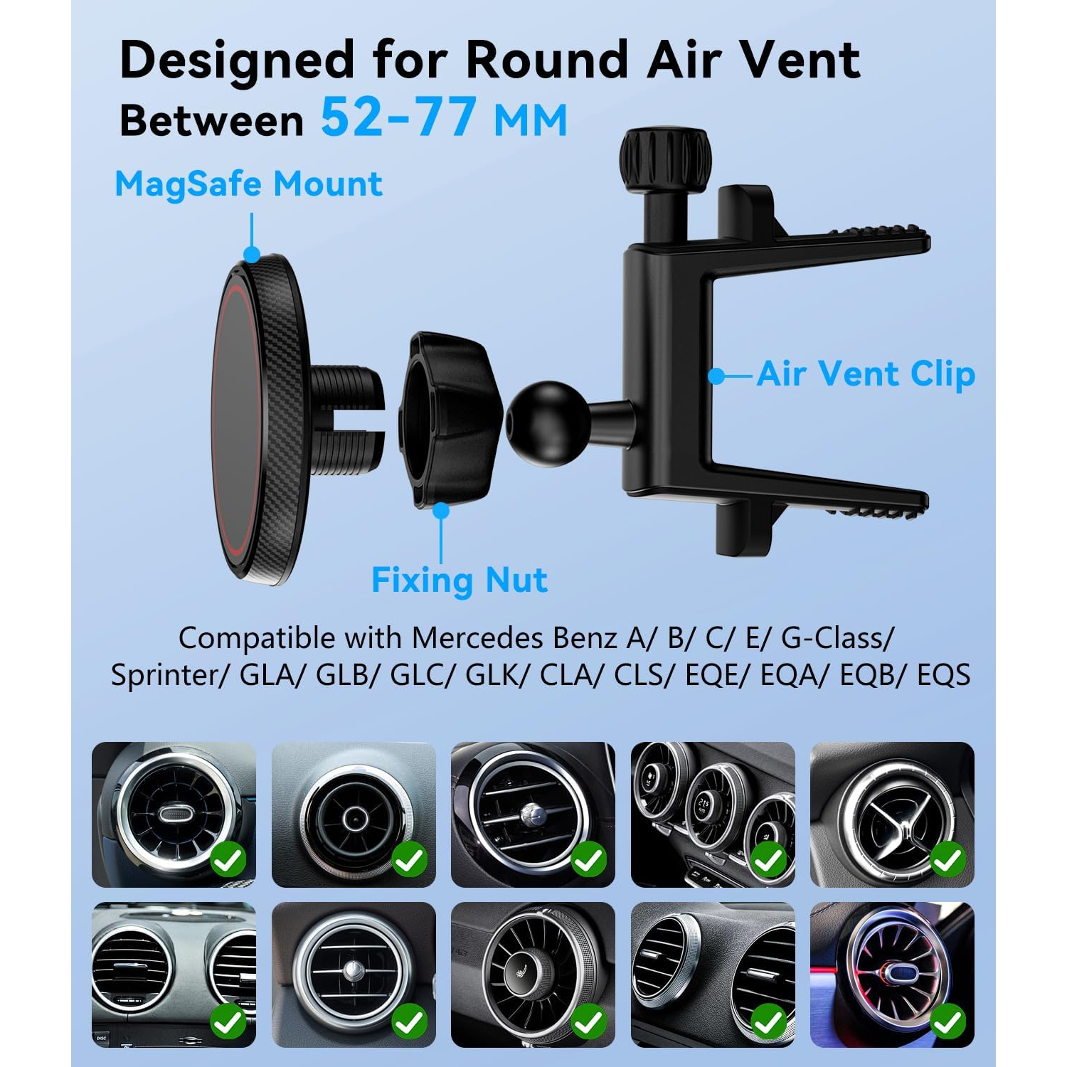 A Compatible with Magsafe Car Mount for Mercedes Benz A/B/C/E/G/GLA/GLK/Mini Cooper Round Air Vent, Strong Magnetic Phone Holder for iPhone 16 15 14