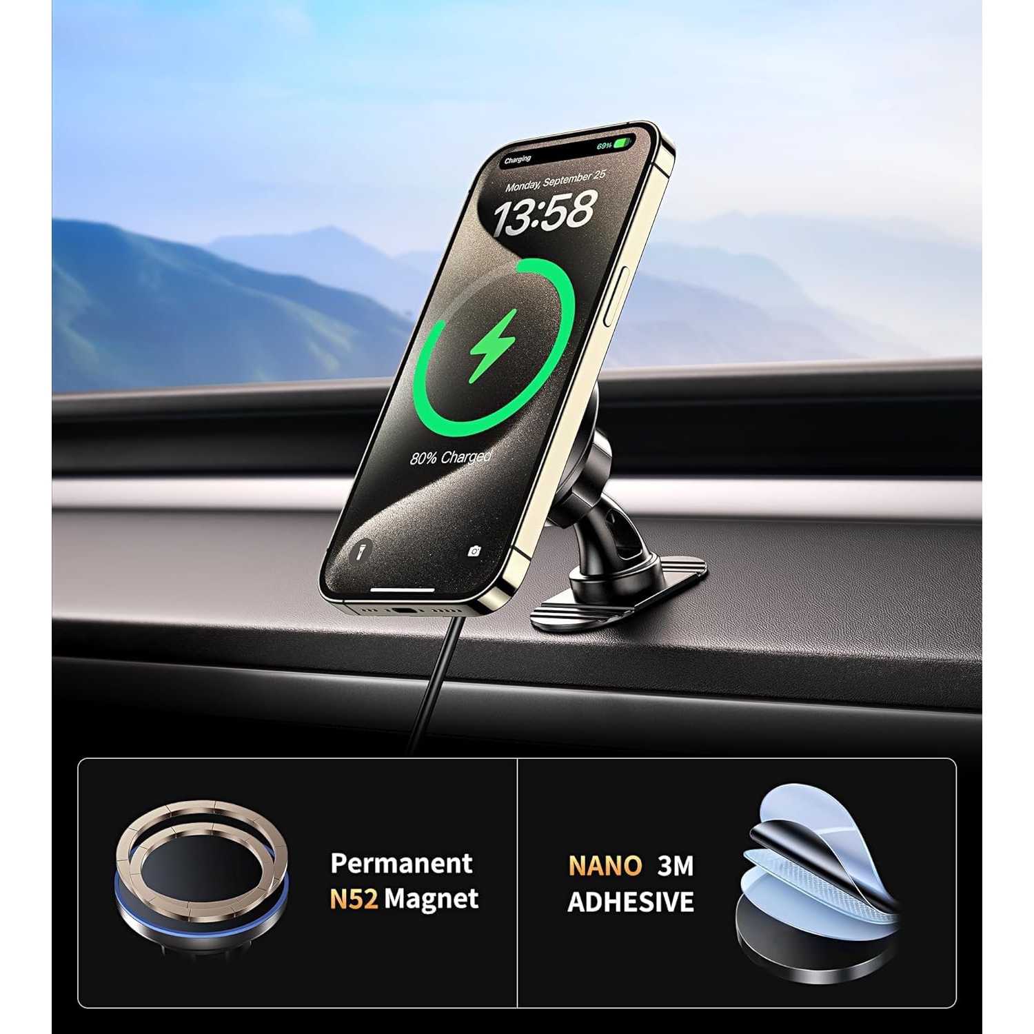 B for MagSafe Car Mount Charger, 15W Magnetic Car Phone Charger for Vent/Dashboard, [2025 New] Car Phone Holder Mount, Fast Charging Magsafe Car