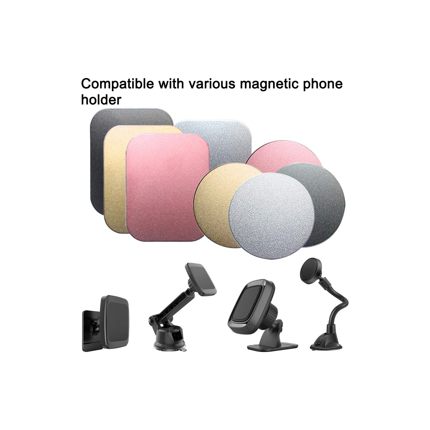 S 8 pcs Phone Car Mount Metal Plate with Adhesive for Magnetic Cradle-Less Mount, 4 Rectangular and 4 Round - Black, Silver, Gold, Rose Red