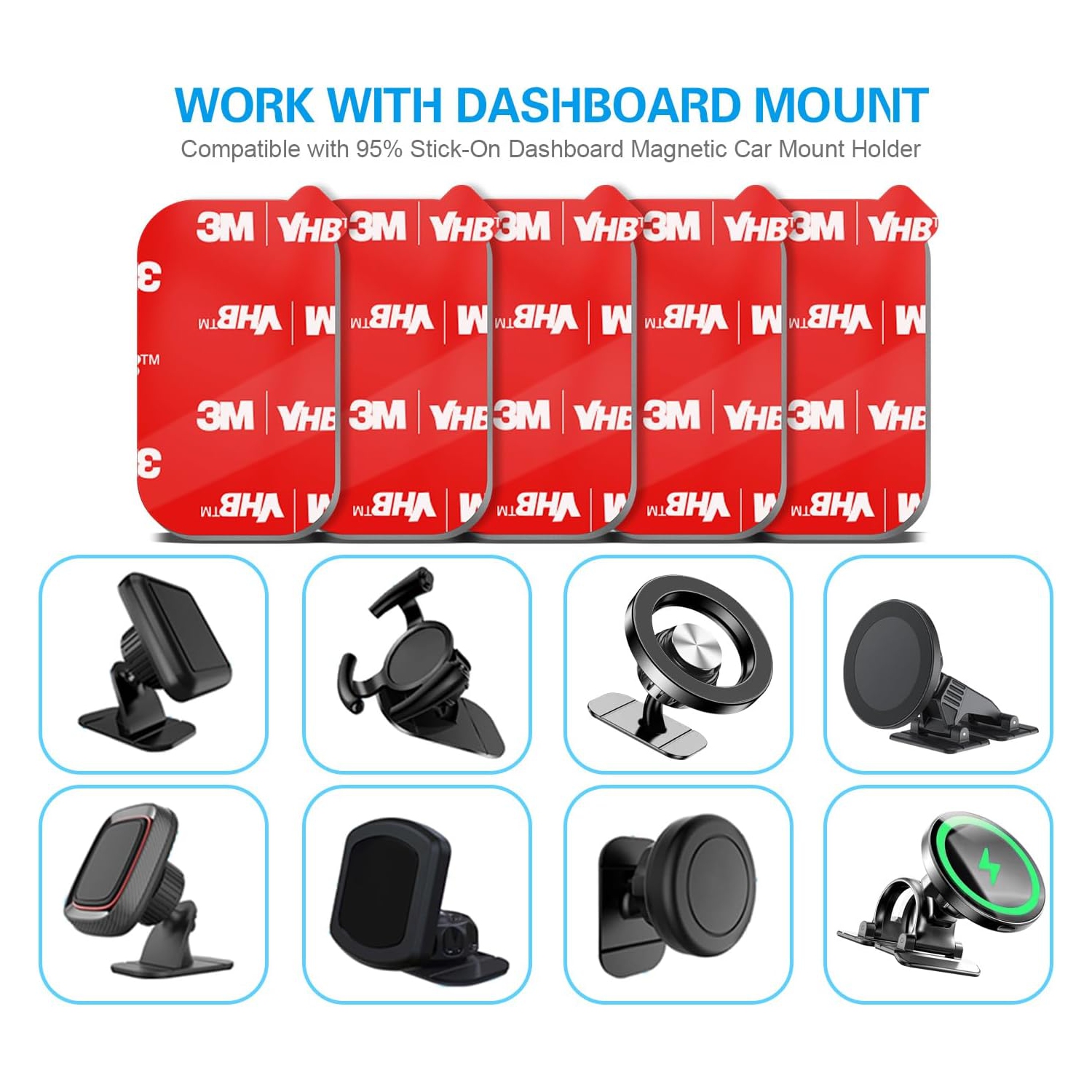 3M Sticky Adhesive Replacement for Magnetic Dashboard Car Mount Holder Base, v 5 Pack Rectangle Heat Resistance Double Side Tape VHB Sticker Pads for