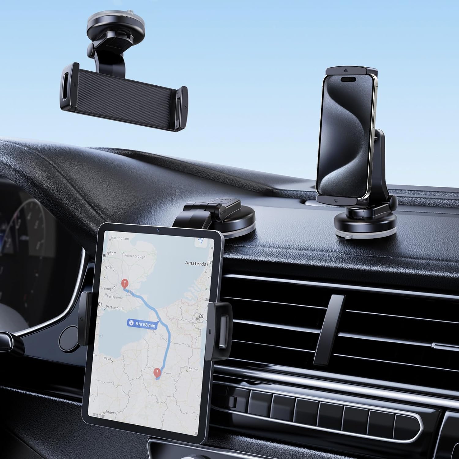 x iPad Car Mount, Cell Phone Holder Car Dash Tablet [360° Rotatable & Firmly Grip] Universal Z Fold Car Mount Dashboard for iPad Mini Pro Air Z Fold