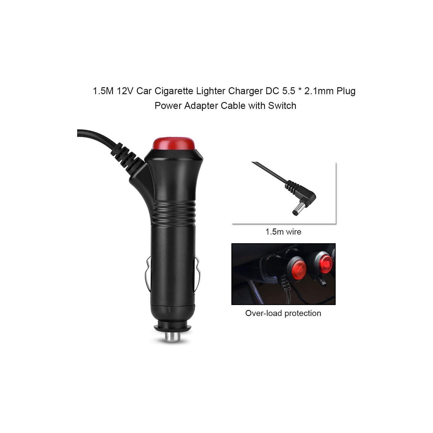 Car Cigarette Lighter DC 12V 5.5 x 2.1mm Plug Adapter Cable Cord w/Switch
