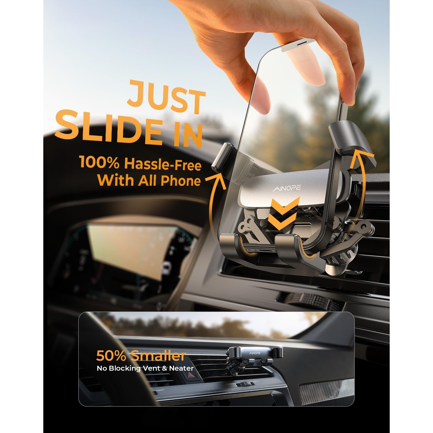 A Phone Holder for Car Vent 2025 Gravity Air Vent Car Phone Holder Mount for iPhone 16 Pro Max with Vent Clip Hand Free Cell Phone Car Mount for