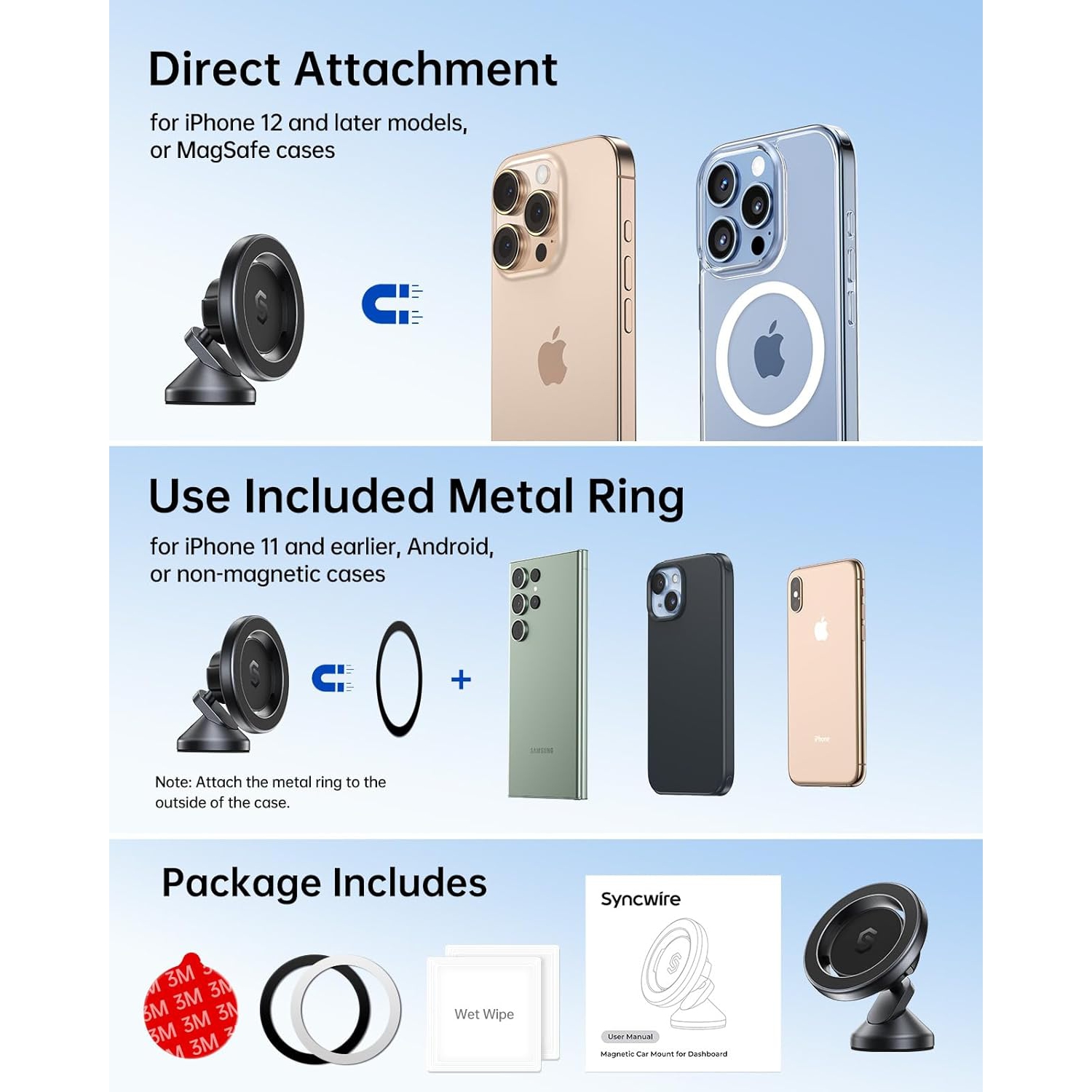 S for MagSafe Car Mount - 360 Rotation Magnetic Phone Holder for Car Dashboard, Strong Magnets Car Phone Holder Mount Compatible iPhone 16 Pro Max 15