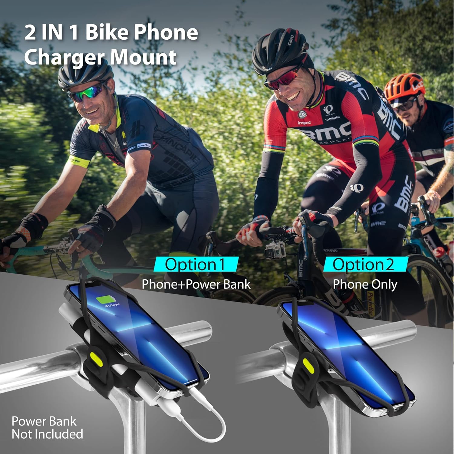 B Bike Tie 4 Pro Pack, Bike Ph Mount for Power Bank 2 in 1 Ph Holder for Bike, Shock-Proof Charger Mount for Stem, Bike Accessories for iPh Samsung,
