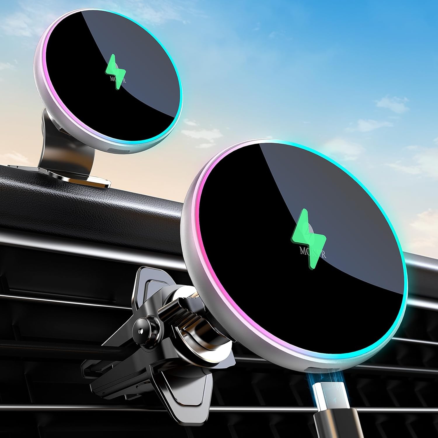 M for Magsafe Car Mount Charger-Magnetic Car Phone Holder Wireless Car Charger for Dash Air Vent-LED RGB HandsFree Car Mount Fast Car Charger for