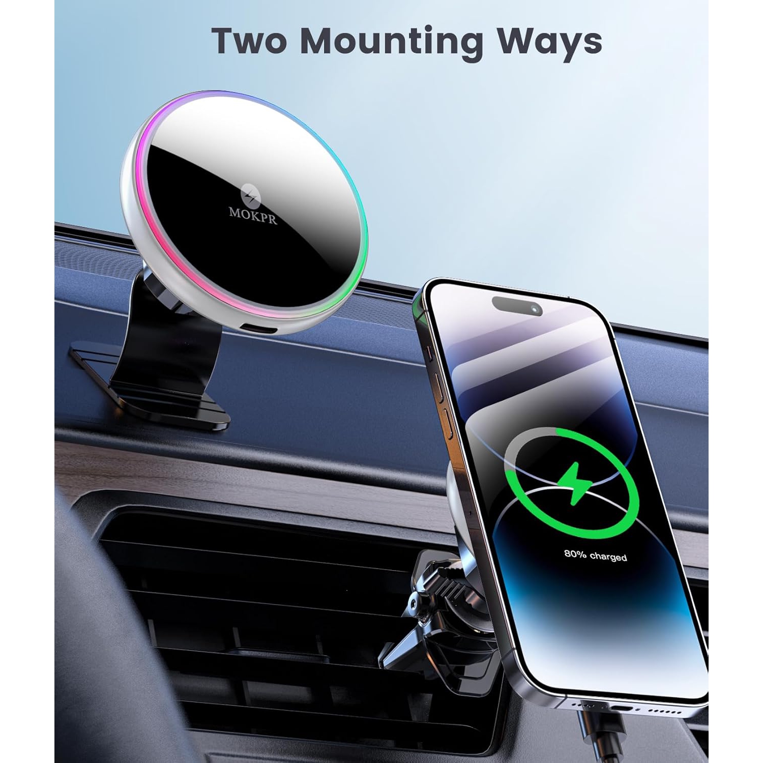 M for Magsafe Car Mount Charger-Magnetic Car Phone Holder Wireless Car Charger for Dash Air Vent-LED RGB HandsFree Car Mount Fast Car Charger for