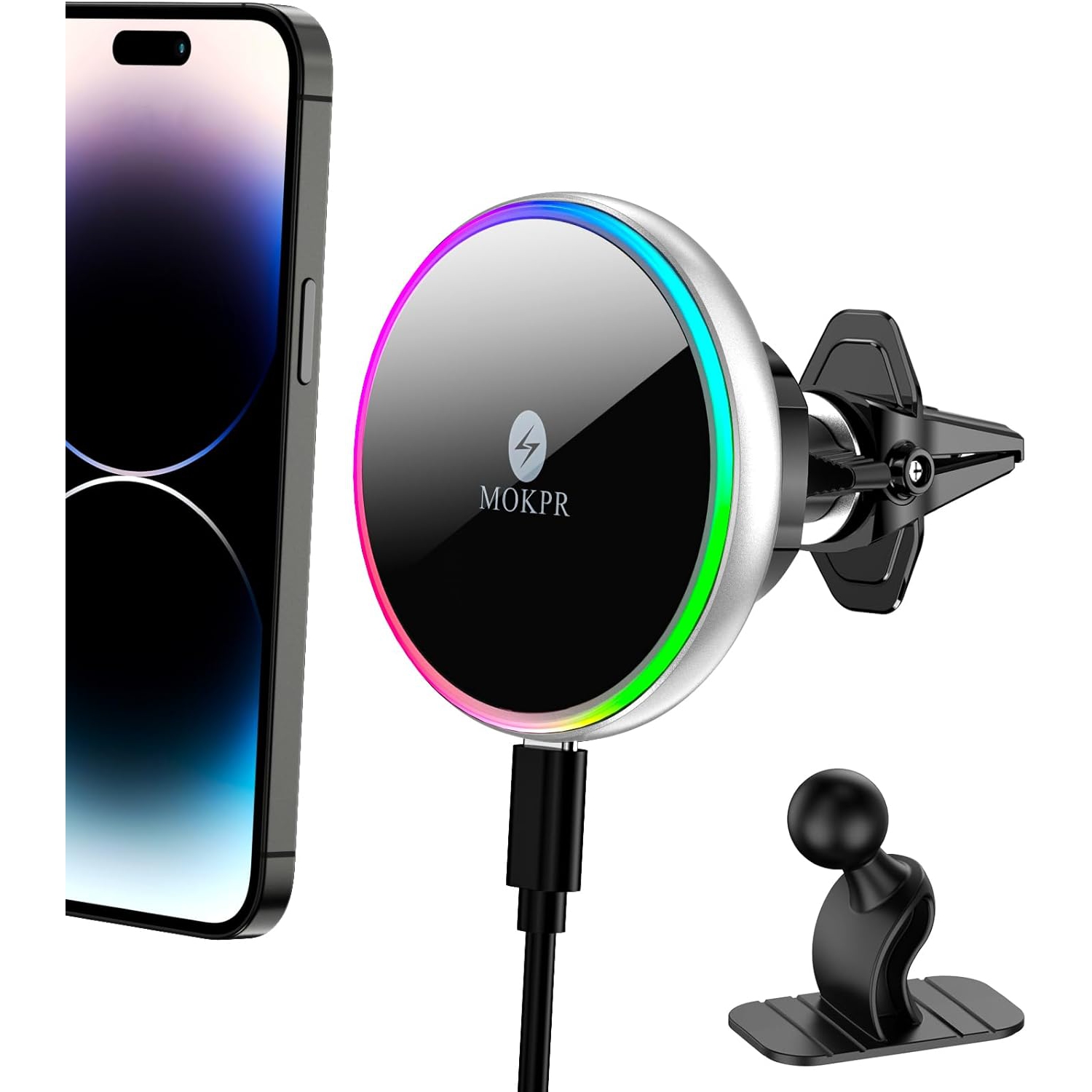 M for Magsafe Car Mount Charger-Magnetic Car Phone Holder Wireless Car Charger for Dash Air Vent-LED RGB HandsFree Car Mount Fast Car Charger for
