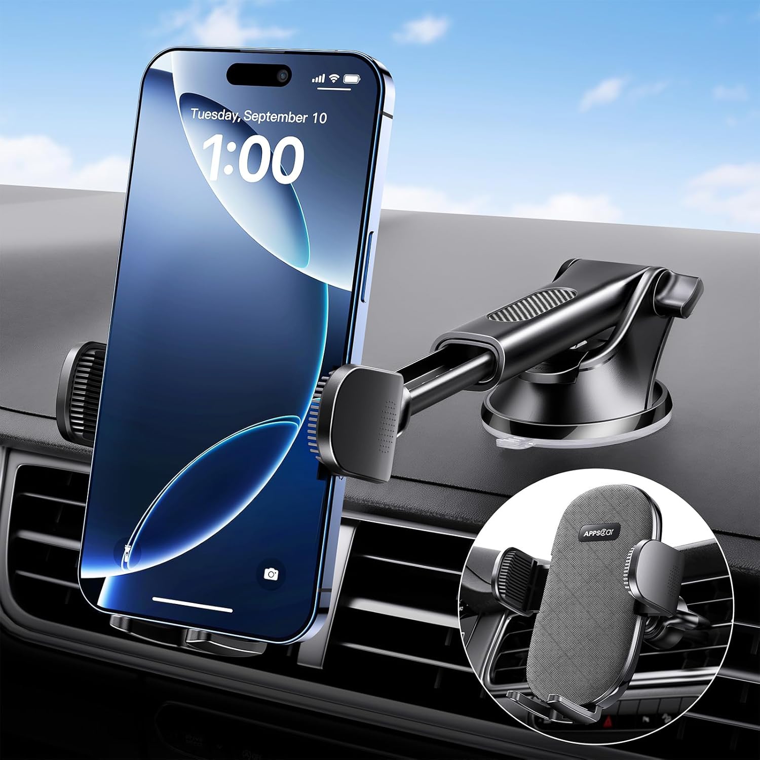 A Suction Cup Phone Mount, Windshield/Dashboard/Air Vent Car Phone Holder Mount with Sticky Gel Pad, Compatible with iPhone, Samsung, All Cellphone,
