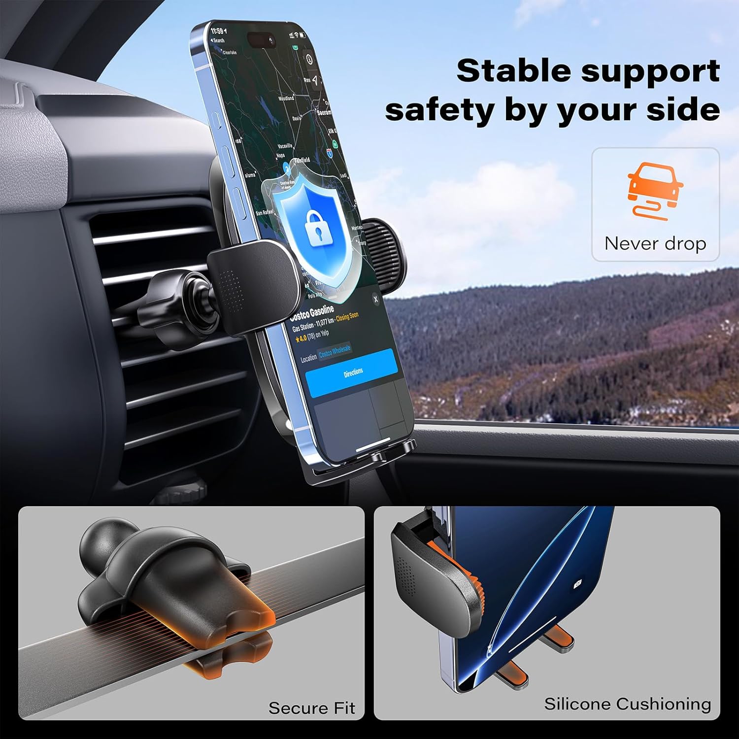 A Suction Cup Phone Mount, Windshield/Dashboard/Air Vent Car Phone Holder Mount with Sticky Gel Pad, Compatible with iPhone, Samsung, All Cellphone,