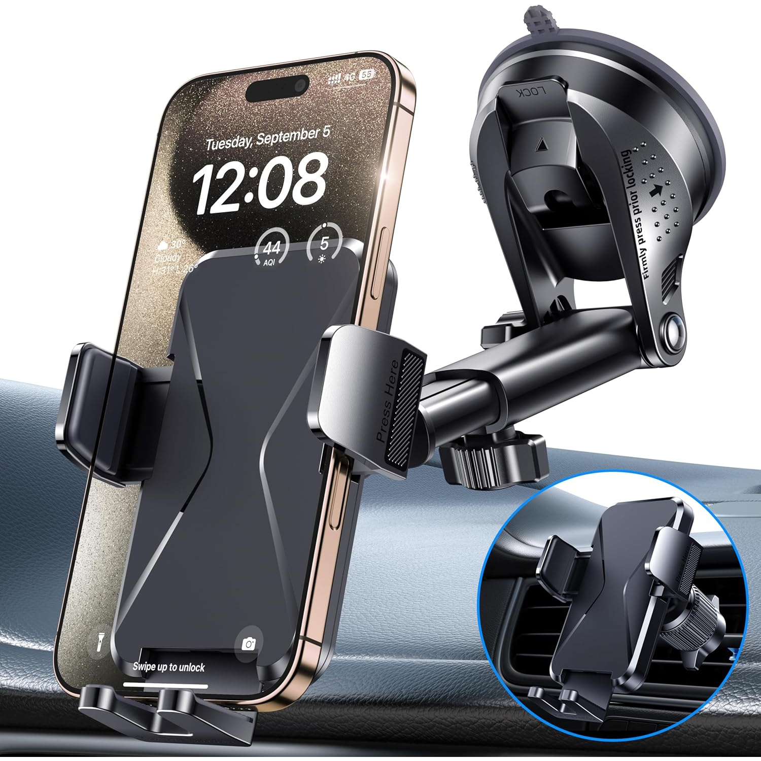 Car Phone Holder [Upgrade Suction Cup & Stable Clip] Phone Mount for Car Windshield Dashboard Air Vent Universal Automotive Accessories Cell Phone
