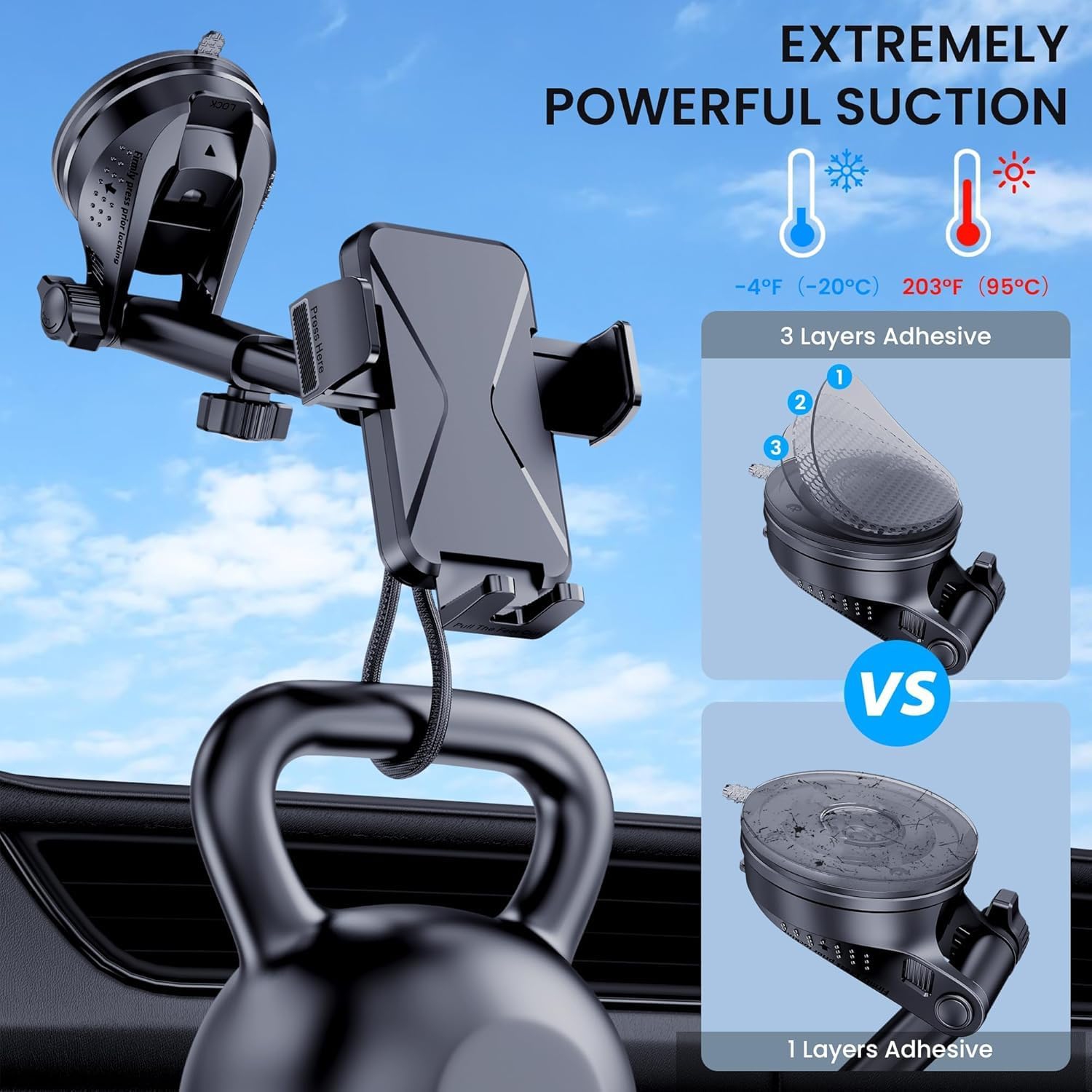 Car Phone Holder [Upgrade Suction Cup & Stable Clip] Phone Mount for Car Windshield Dashboard Air Vent Universal Automotive Accessories Cell Phone