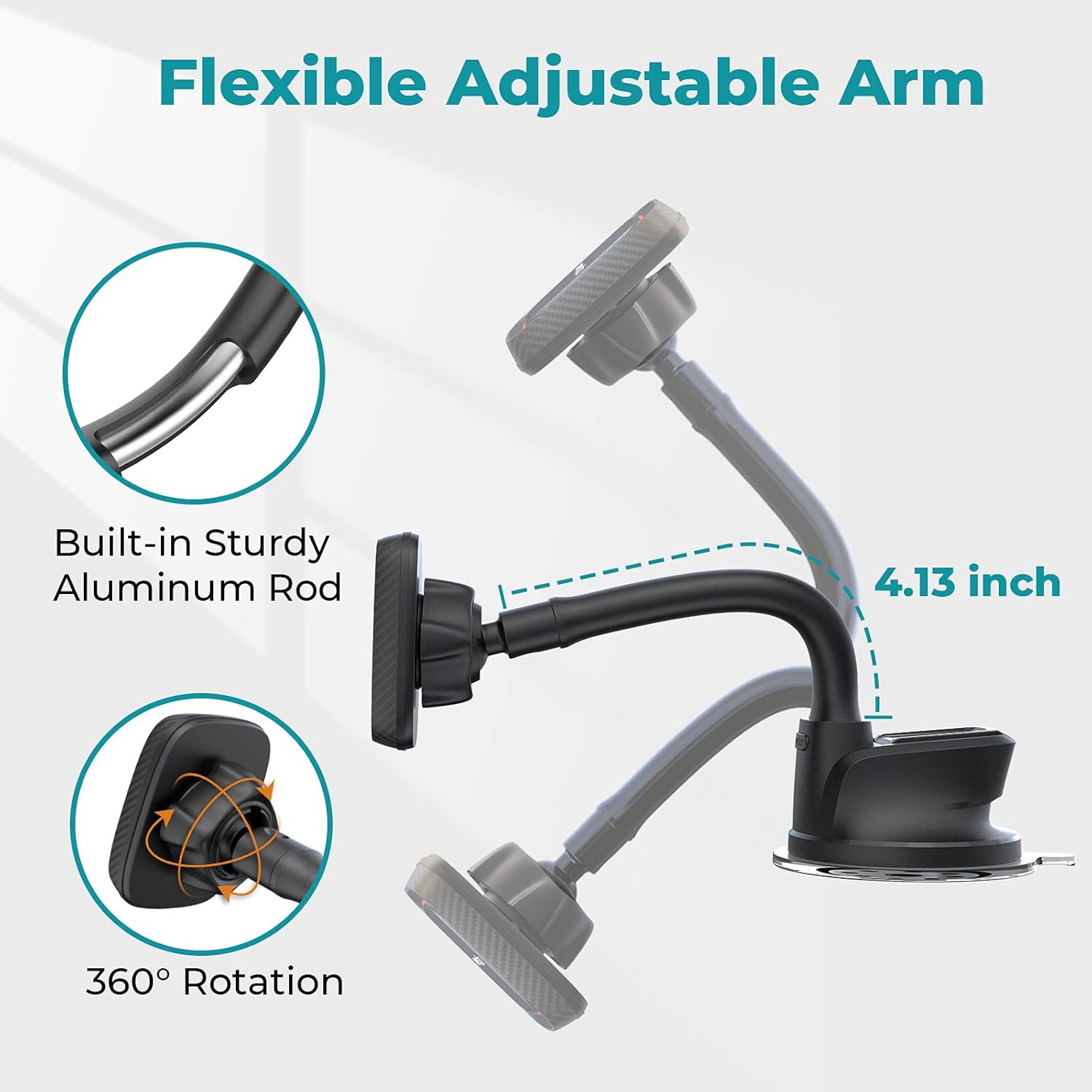 A Magnetic Phone Holder Car Dashboard Windshield Car Phone Holder Mount with Flexible Arm & Built-in Strong Magnets, Suction Cup Phone Holder for Car