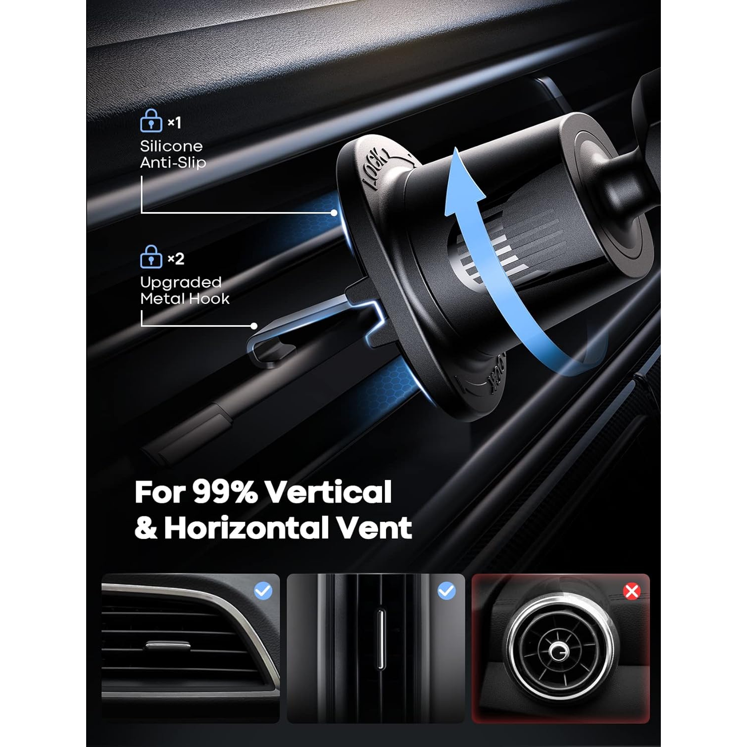 L 2025 Wider Clamp & Metal Hook Car Phone Holder Vent [Thick Cases Friendly] Phone Holders for Your Car Mount Automobile Hands Free Cradle Air Vent