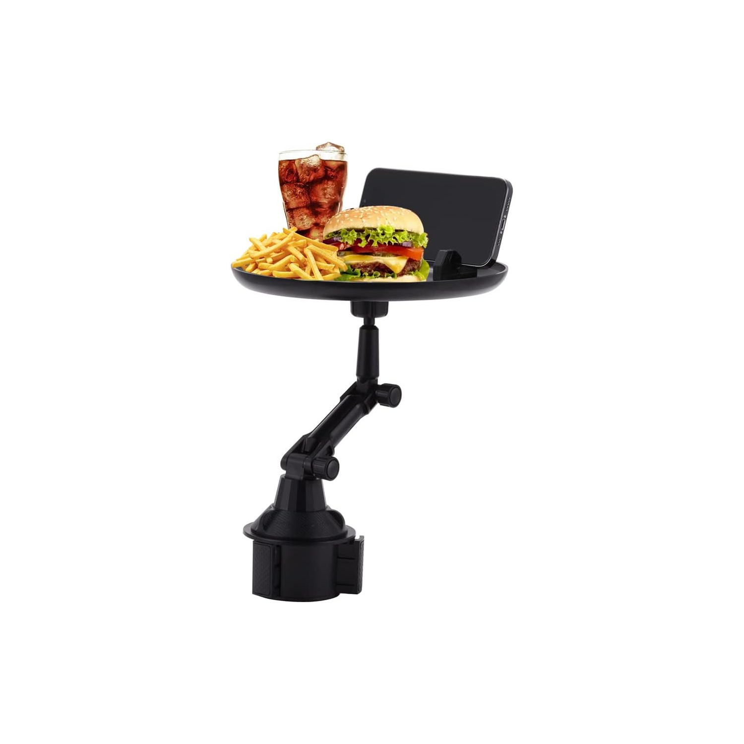 J Car Cup Holder Food Tray, Car Tray Table for Eating with Cell Phone Slot, Adjustable Car Snack Tray with 360° Rotating Swivel Arm and Adjustable