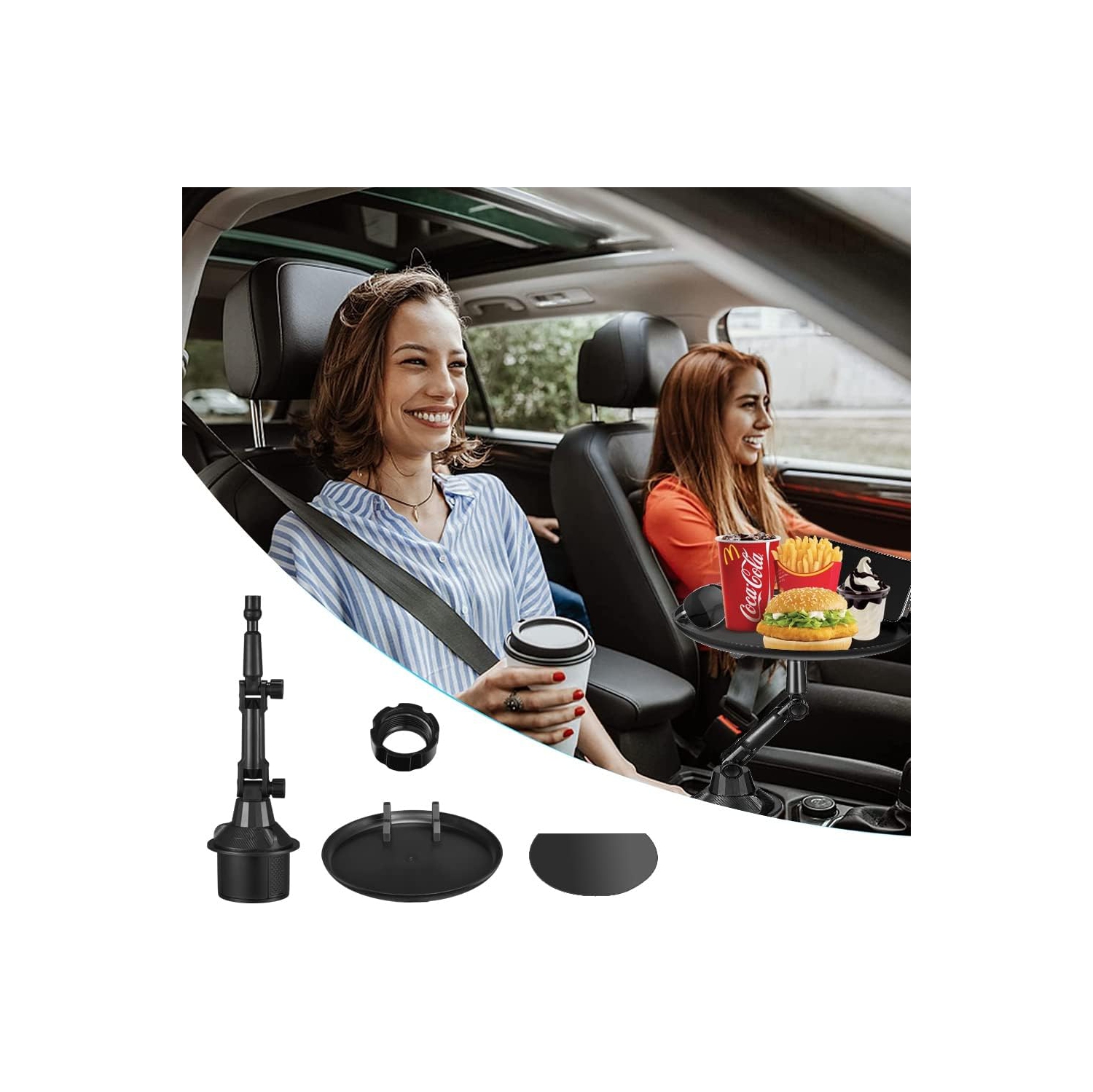 J Car Cup Holder Food Tray, Car Tray Table for Eating with Cell Phone Slot, Adjustable Car Snack Tray with 360° Rotating Swivel Arm and Adjustable