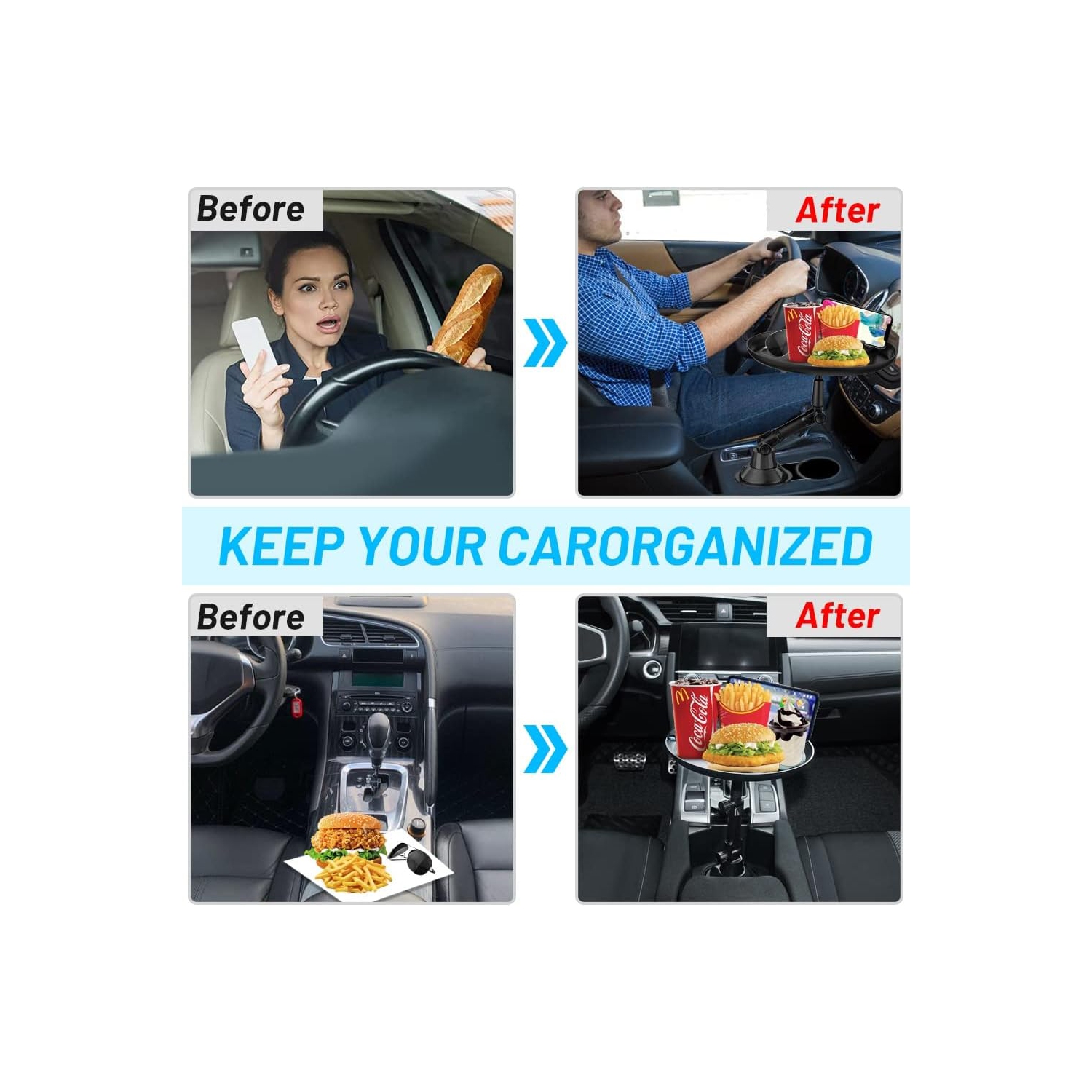 J Car Cup Holder Food Tray, Car Tray Table for Eating with Cell Phone Slot, Adjustable Car Snack Tray with 360° Rotating Swivel Arm and Adjustable