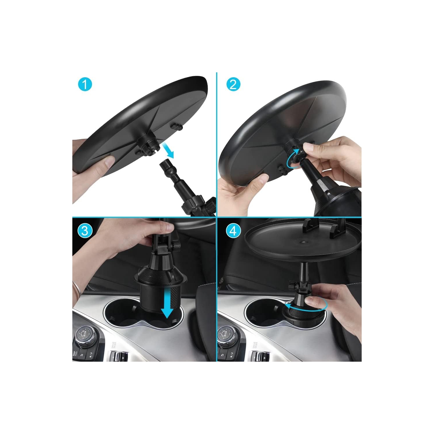 J Car Cup Holder Food Tray, Car Tray Table for Eating with Cell Phone Slot, Adjustable Car Snack Tray with 360° Rotating Swivel Arm and Adjustable