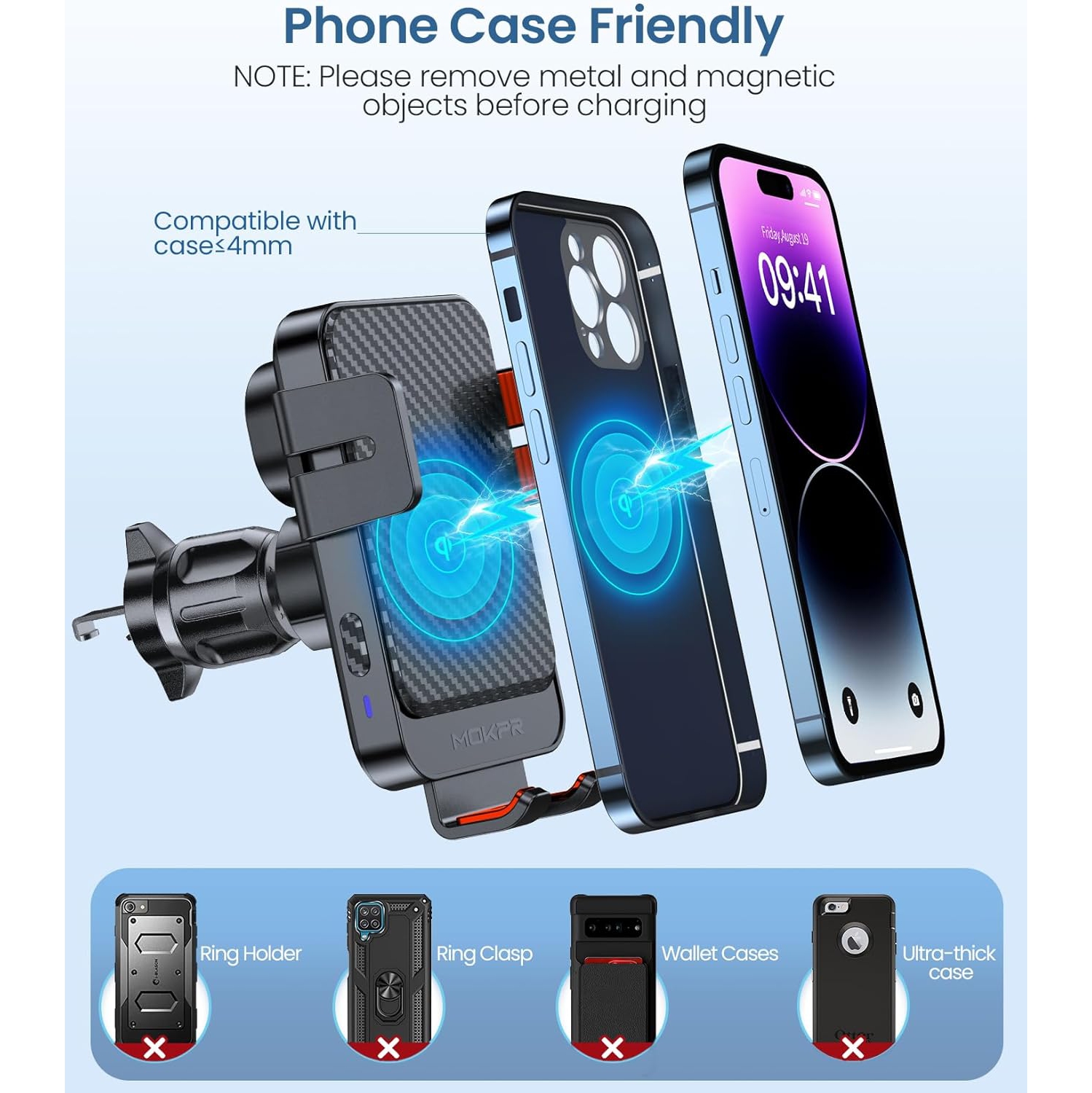 Wireless Car Charger, M Auto-Clamping Car Phone Holder Wireless Charger Air Vent Car Phone Mount fit for iPhone 16/15/14/13/13 Pro/12 pro/12/11/X/8,