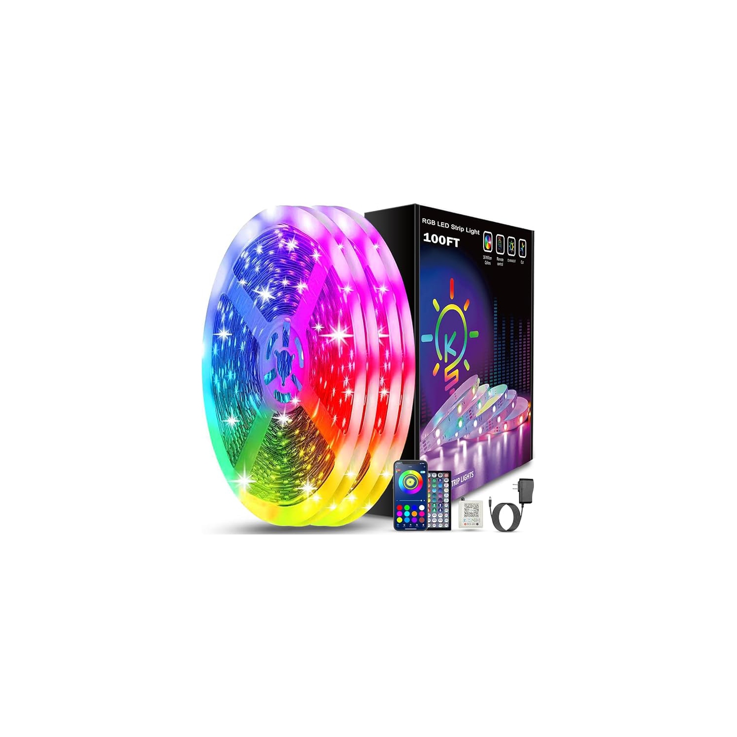 Keepsmile 100ft Led Strip Lights Bluetooth App Control Led Lights Strip with Remote Music Sync Color Changing RGB Led Lights for Bedroom Room Home