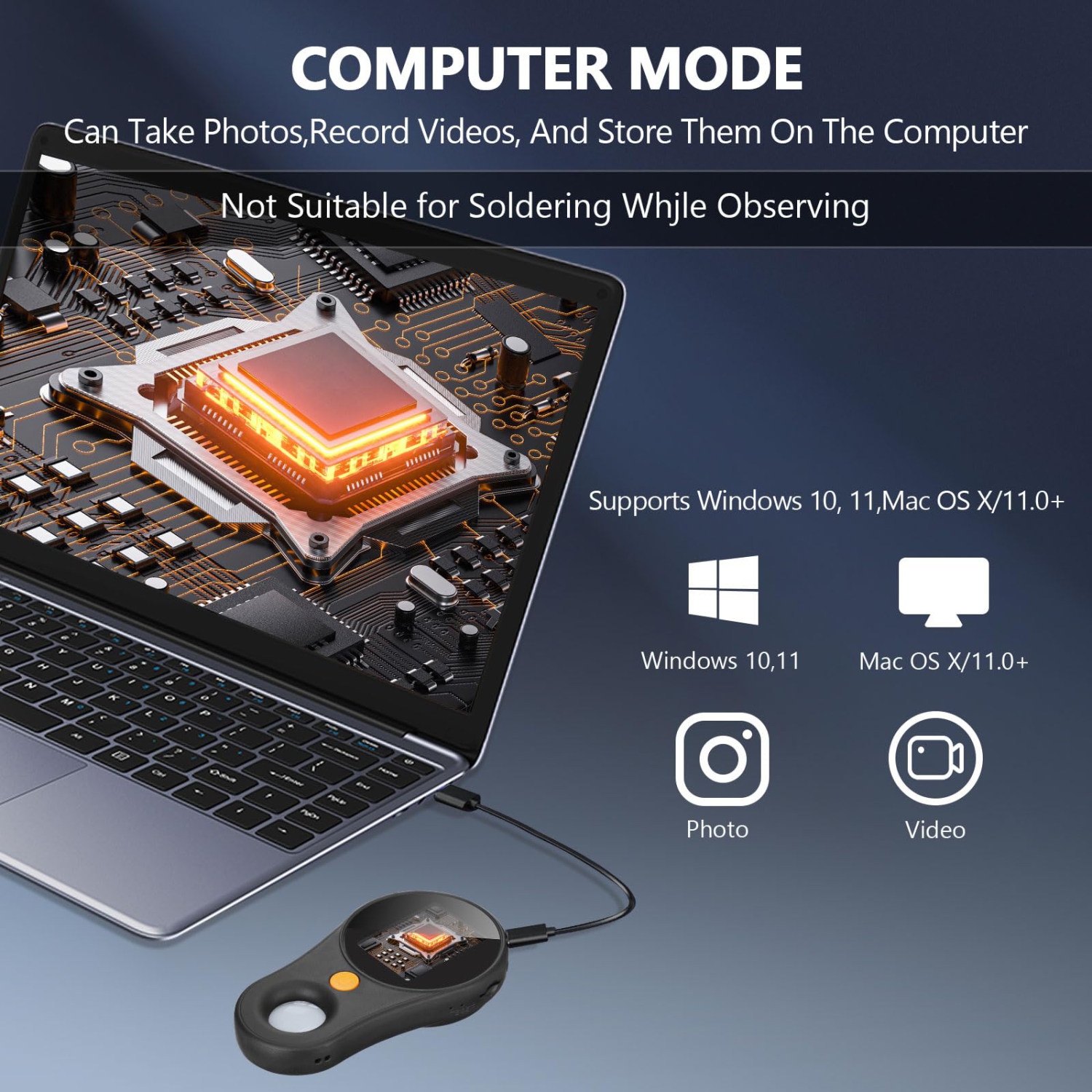 Microscope numérique portatif avec écran couleur IPS 2.0&nbsp;po grossissement 500x 200 W Pixel USB Microscope compatible avec Windows Mac OS