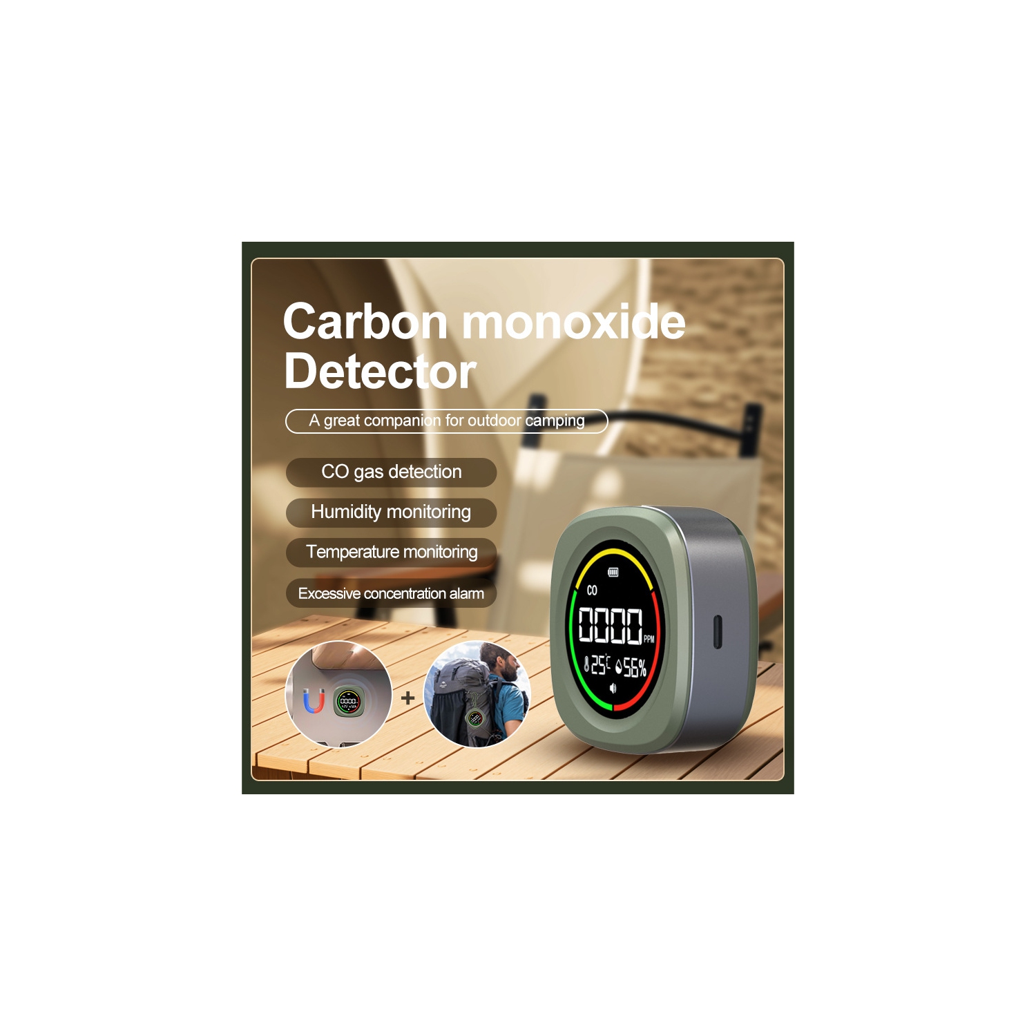 Détecteur de monoxyde de carbone 3-en-1 Moniteur de qualité de l'air de CO Contrôle de température Détecteur d'humidité de CO pour véhicule de