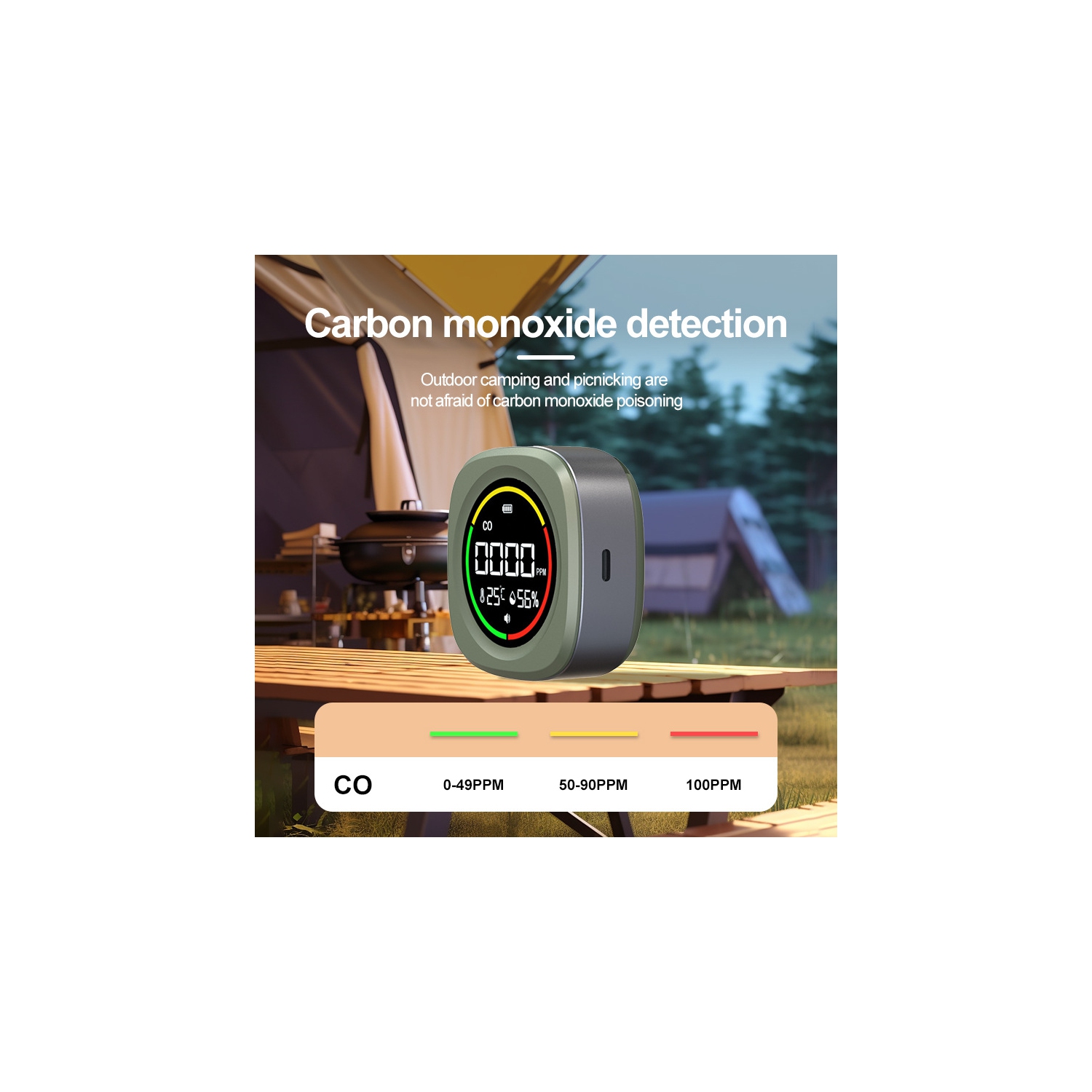Détecteur de monoxyde de carbone 3-en-1 Moniteur de qualité de l'air de CO Contrôle de température Détecteur d'humidité de CO pour véhicule de
