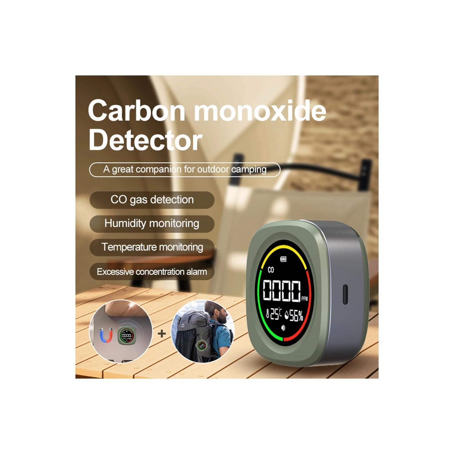 Détecteur de monoxyde de carbone 3-en-1 Moniteur de qualité de l'air de CO Contrôle de température Détecteur d'humidité de CO pour véhicule de