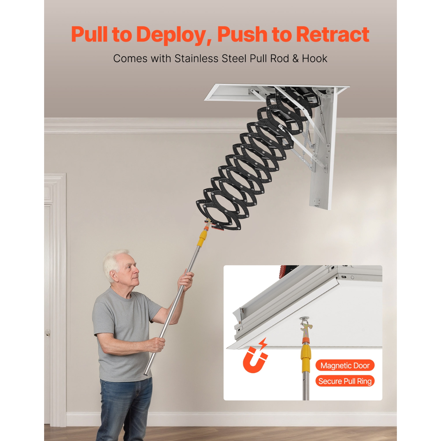 VEVOR 660LBS/299.4KG Capacity Attic Ladder, Fits 8.5 to 9.4 ft Ceiling Height and 39.4 x 27.5 inch Opening Size, Alloy Steel Pull-Down Retractable