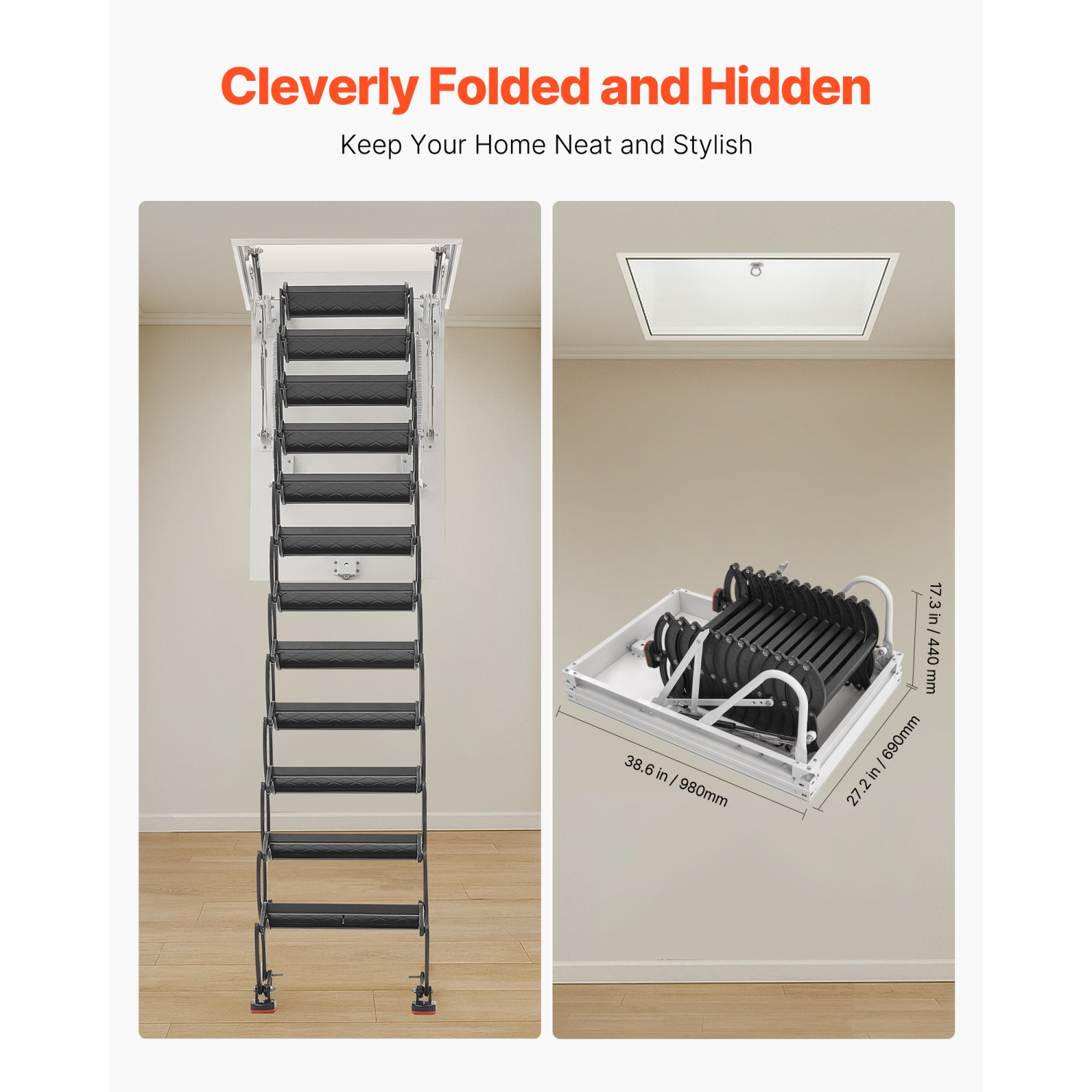 VEVOR 660LBS/299.4KG Capacity Attic Ladder, Fits 8.5 to 9.4 ft Ceiling Height and 39.4 x 27.5 inch Opening Size, Alloy Steel Pull-Down Retractable
