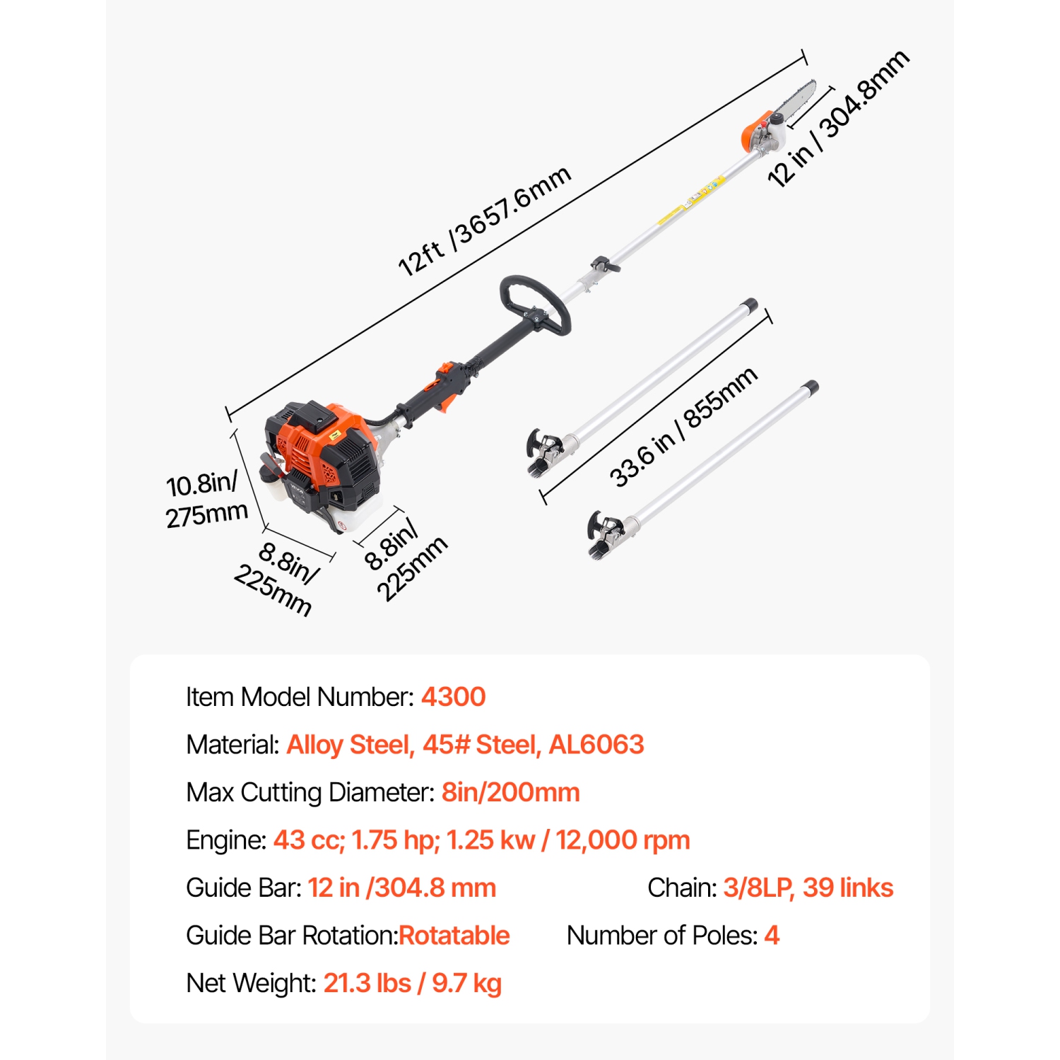Scie à mât à essence VEVOR 43CC, scie à essence à 2 temps avec barre de coupe de 12&nbsp;po, taille-arbre sans fil avec tête rotative, scie à chaîne